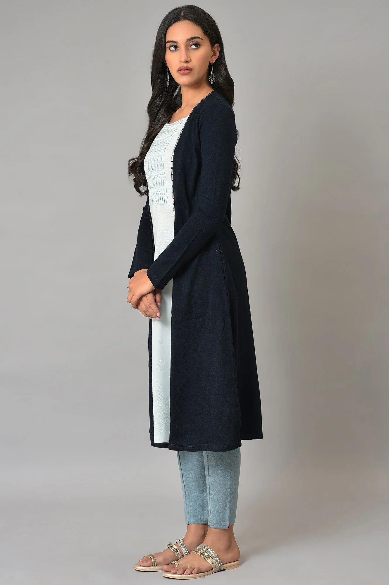 Blue Mock Jacket Winter Dress With Sequins Edge - Image 3