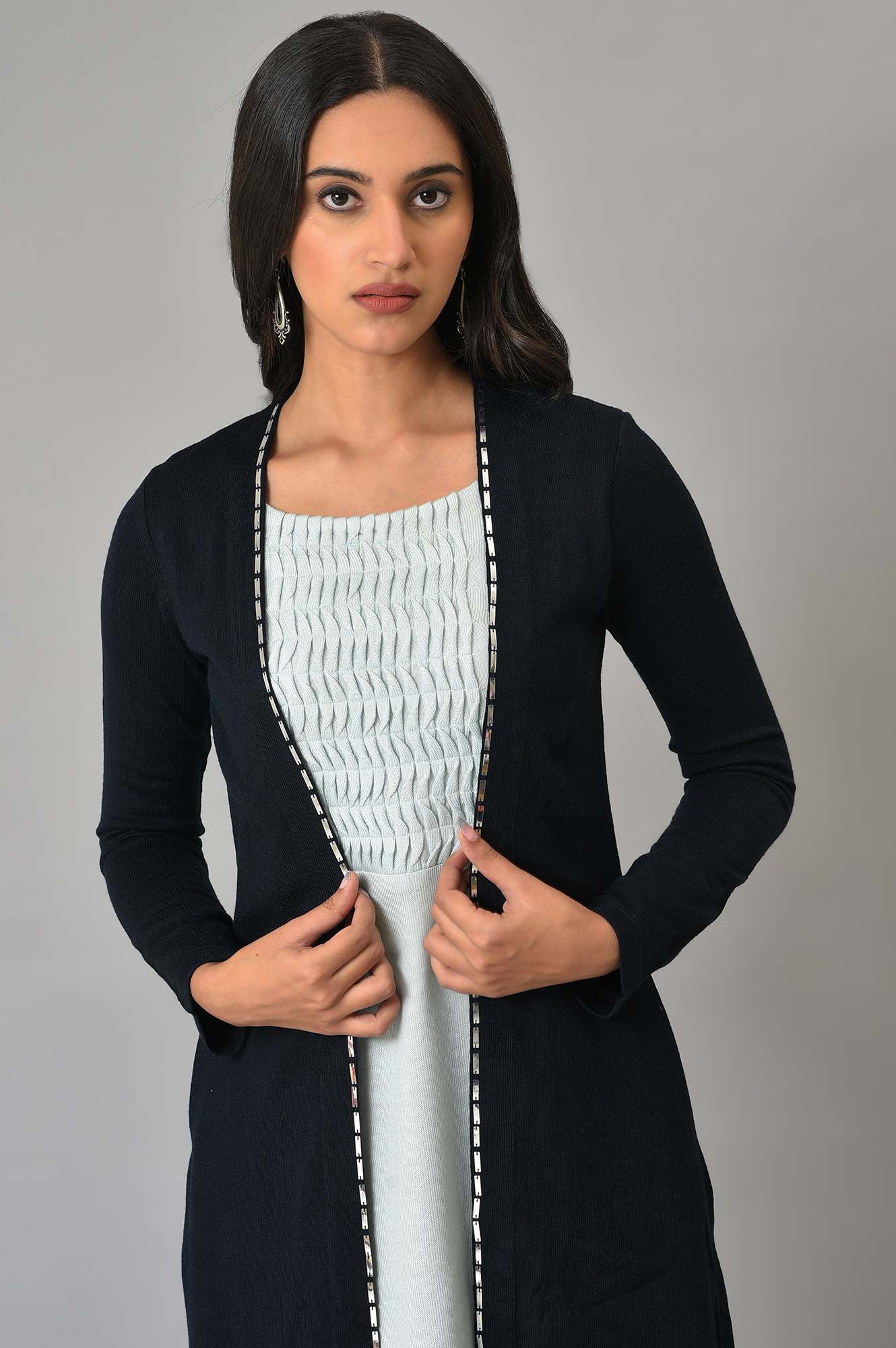 Blue Mock Jacket Winter Dress With Sequins Edge - Image 5
