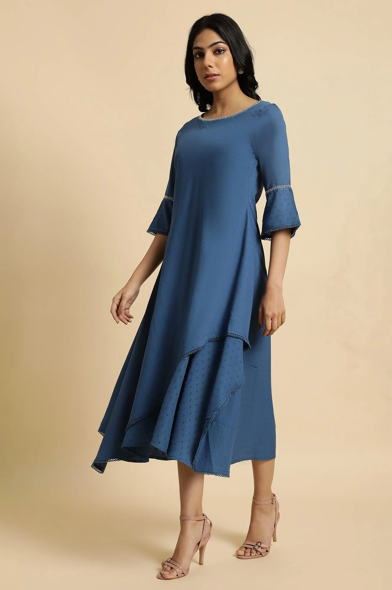 Blue Mock Layer Flared Dress - Image 4