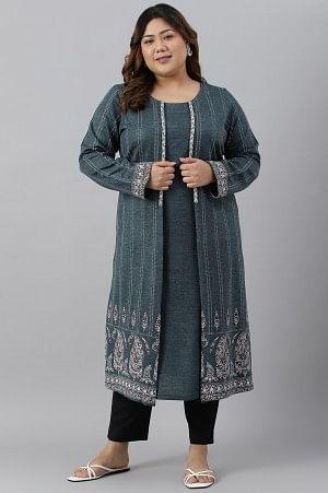 Blue Mock Layer Printed Plus Size Winter kurta