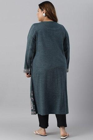 Blue Mock Layer Printed Plus Size Winter kurta - Image 2