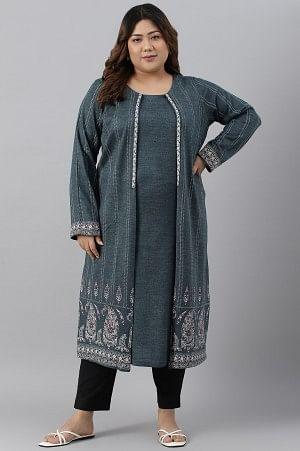 Blue Mock Layer Printed Plus Size Winter kurta - Image 6