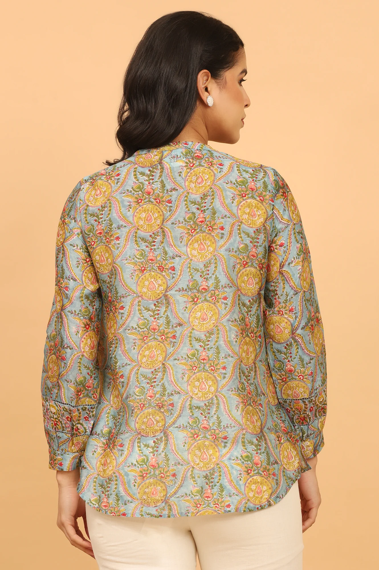 Blue Multicoloured Handblock Printed Shirt in Cotton Silk - Image 6