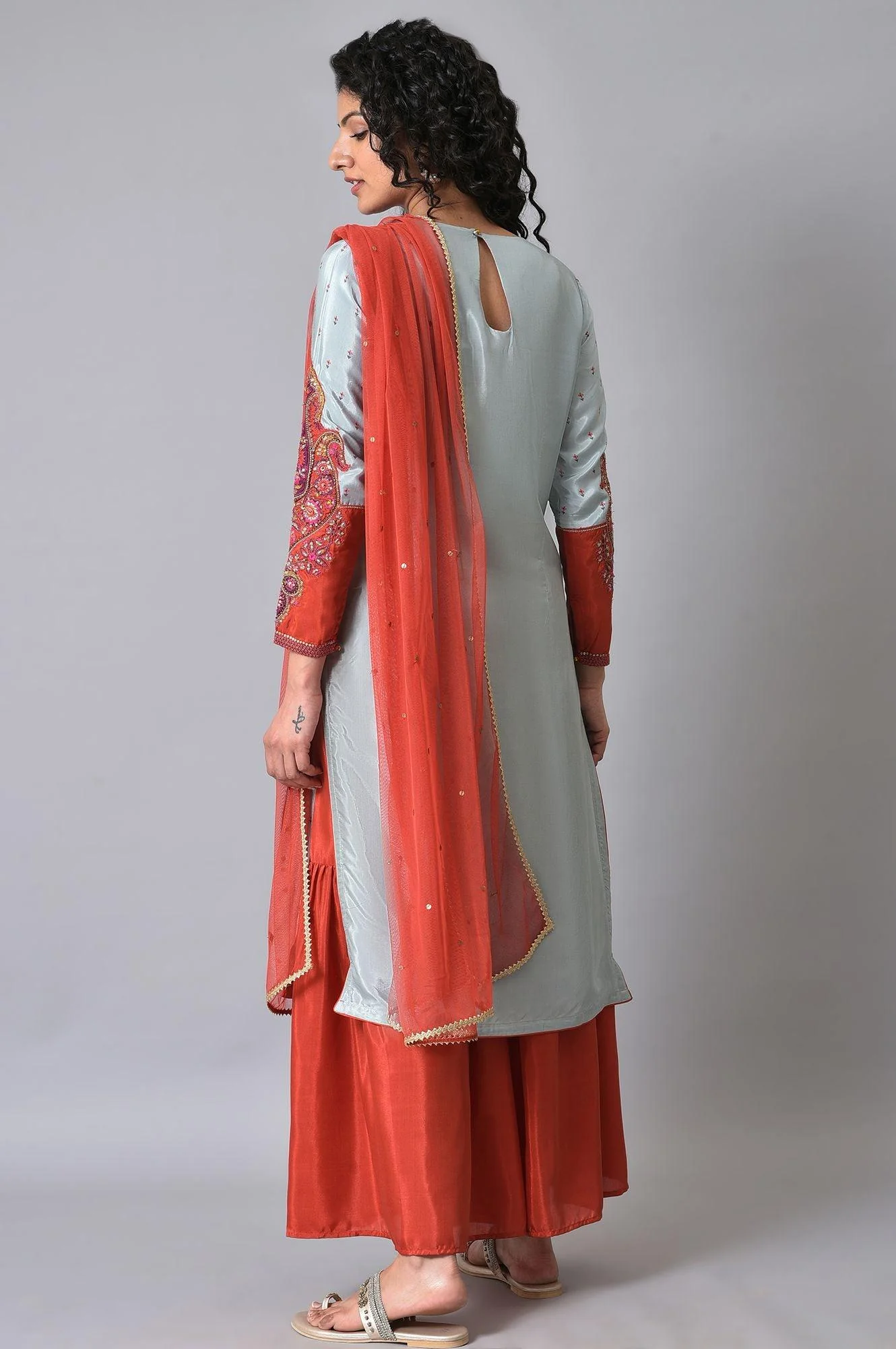 Blue & Orange Embroidered kurta Sharara Set - Image 2