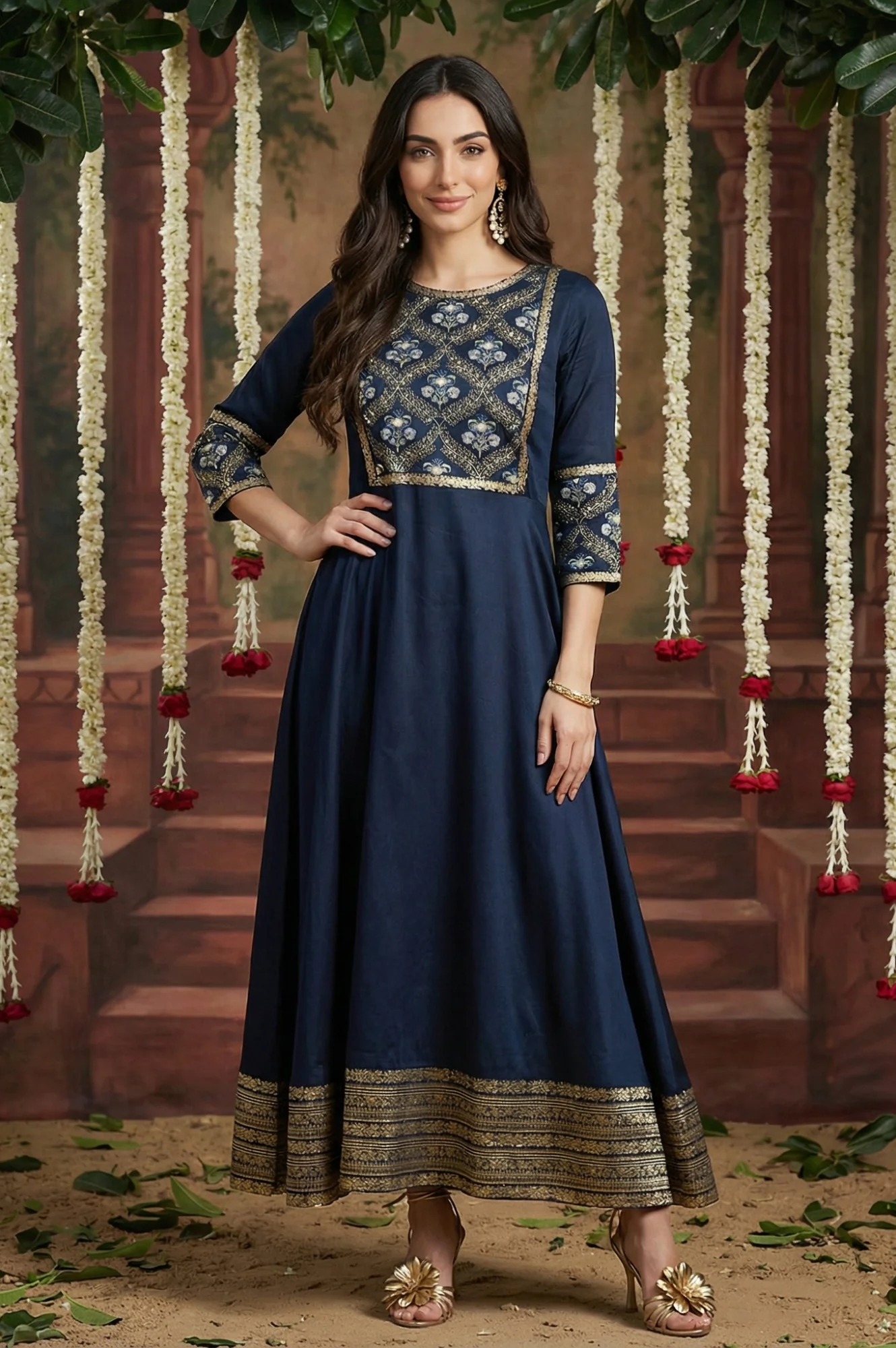 Blue Panelled Embroidered Festive Flared Dress - Image 2