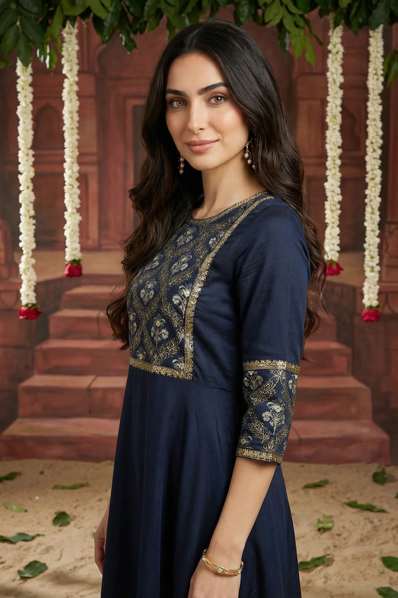 Blue Panelled Embroidered Festive Flared Dress - Image 6