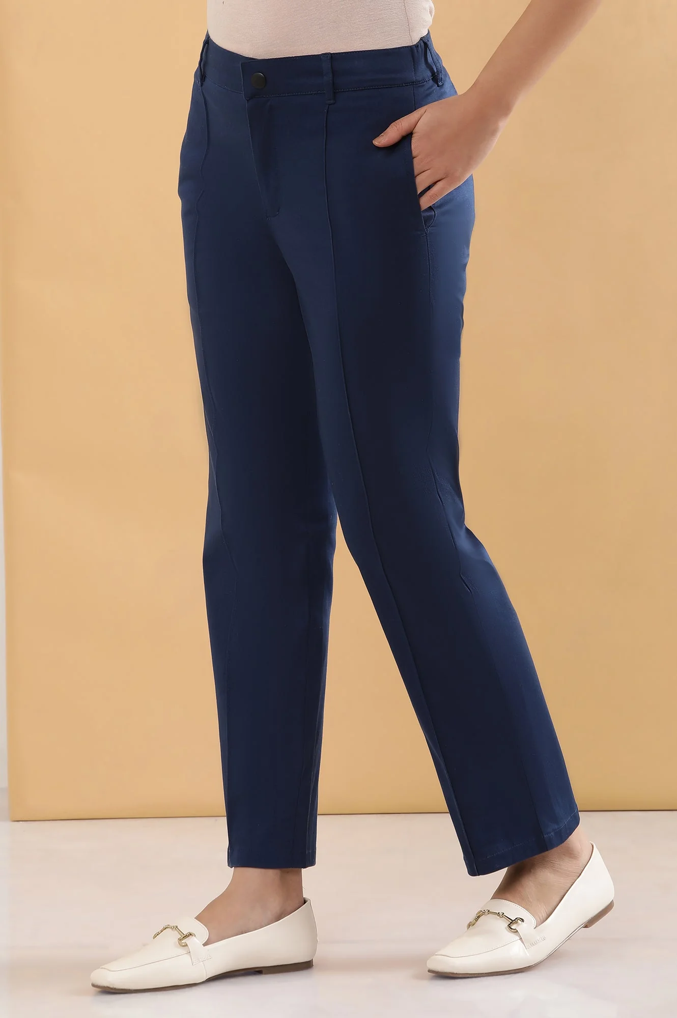 Blue Solid Straight Fit Cotton Pants With Pintuck Detail - Image 3
