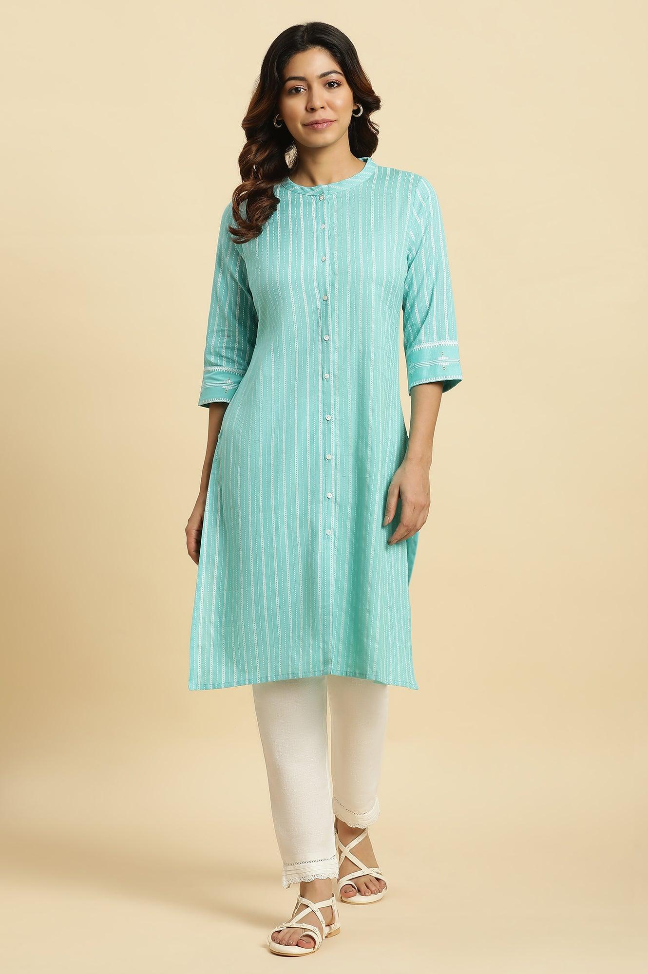 Blue Placement Printed Mandarin Collar Kurta - Image 2
