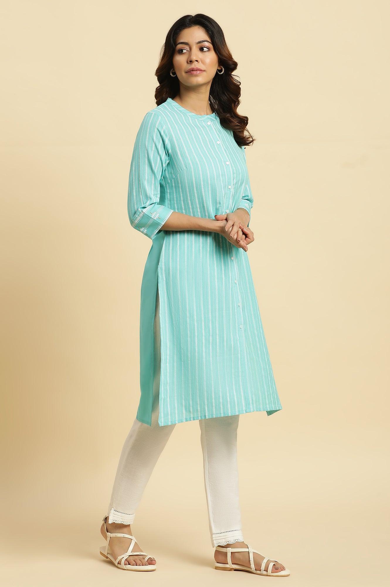 Blue Placement Printed Mandarin Collar Kurta - Image 5