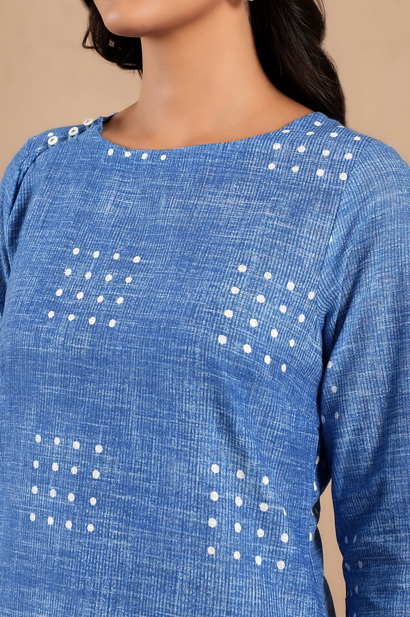 Blue Polka Dot Printed Pure Cotton Straight Kurta and Pants Co-ord Set - Image 4