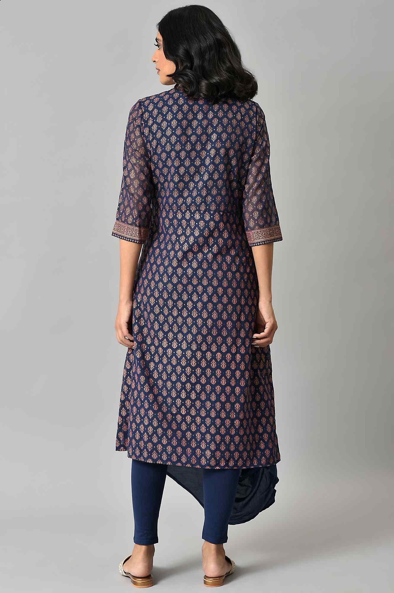 Blue Printed A-Line Cowl kurta With Tights - Image 2