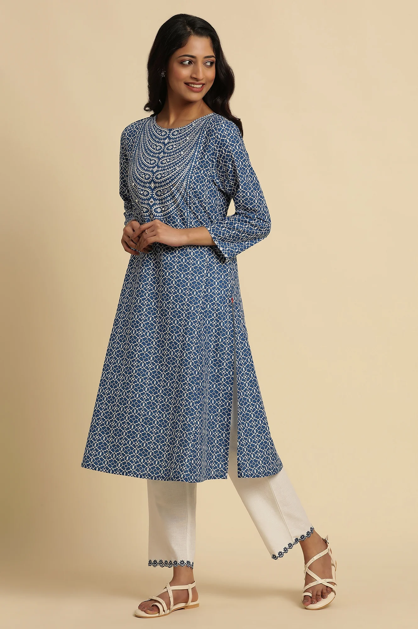 Blue Printed A-Line Kurta - Image 3