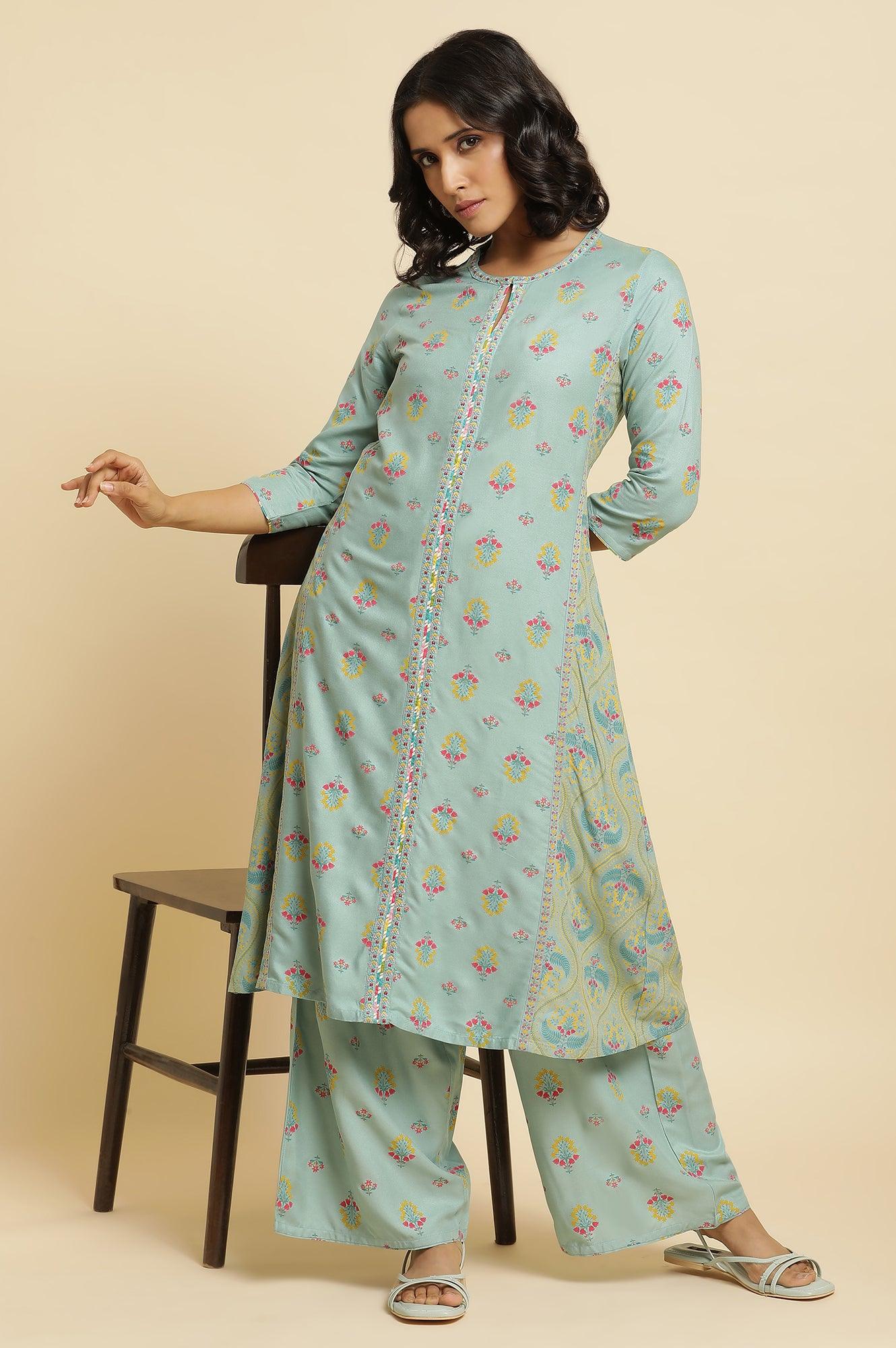 Blue Printed A-Line Kurta & Parallel Pants Set