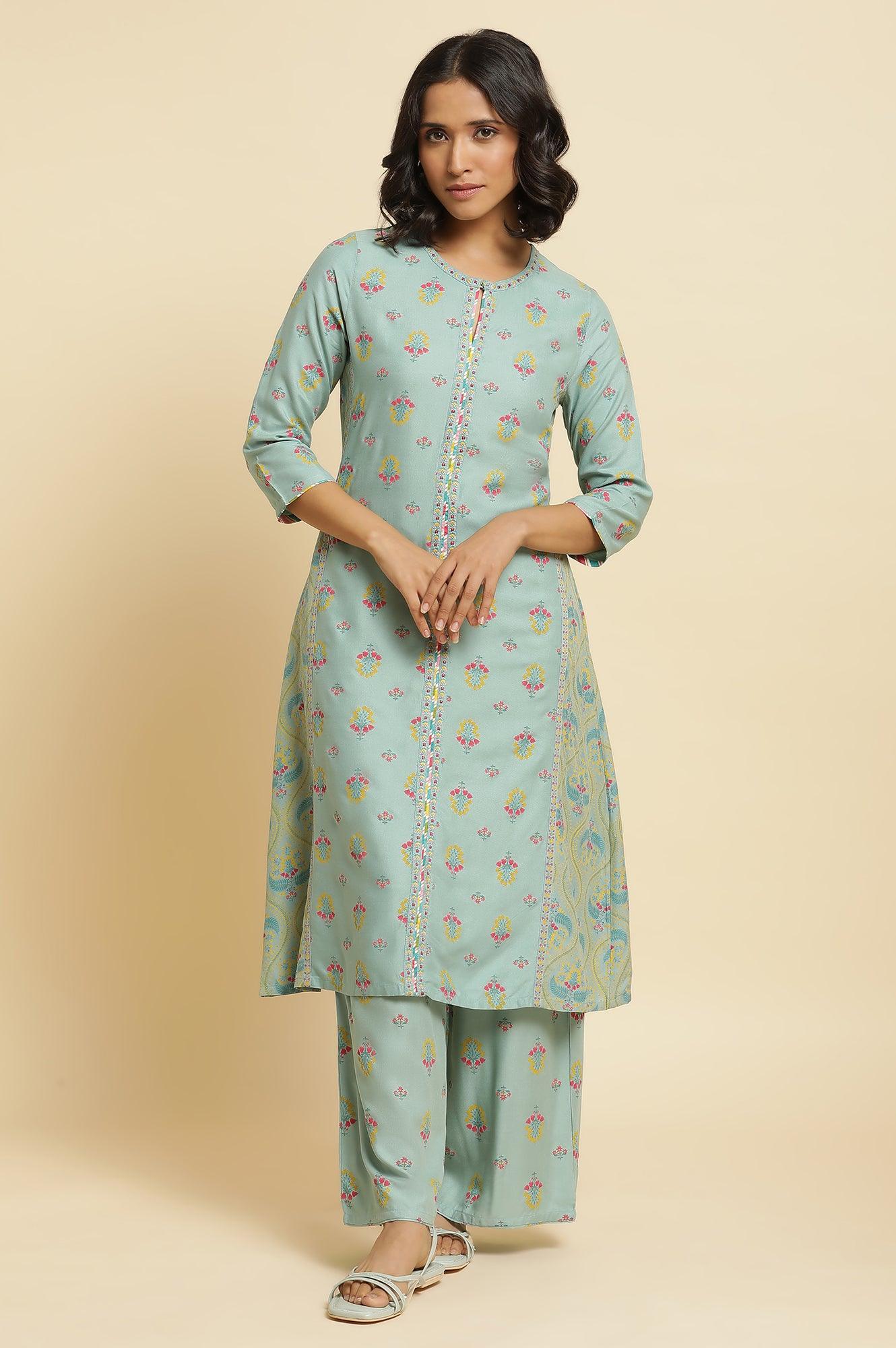 Blue Printed A-Line Kurta & Parallel Pants Set - Image 2