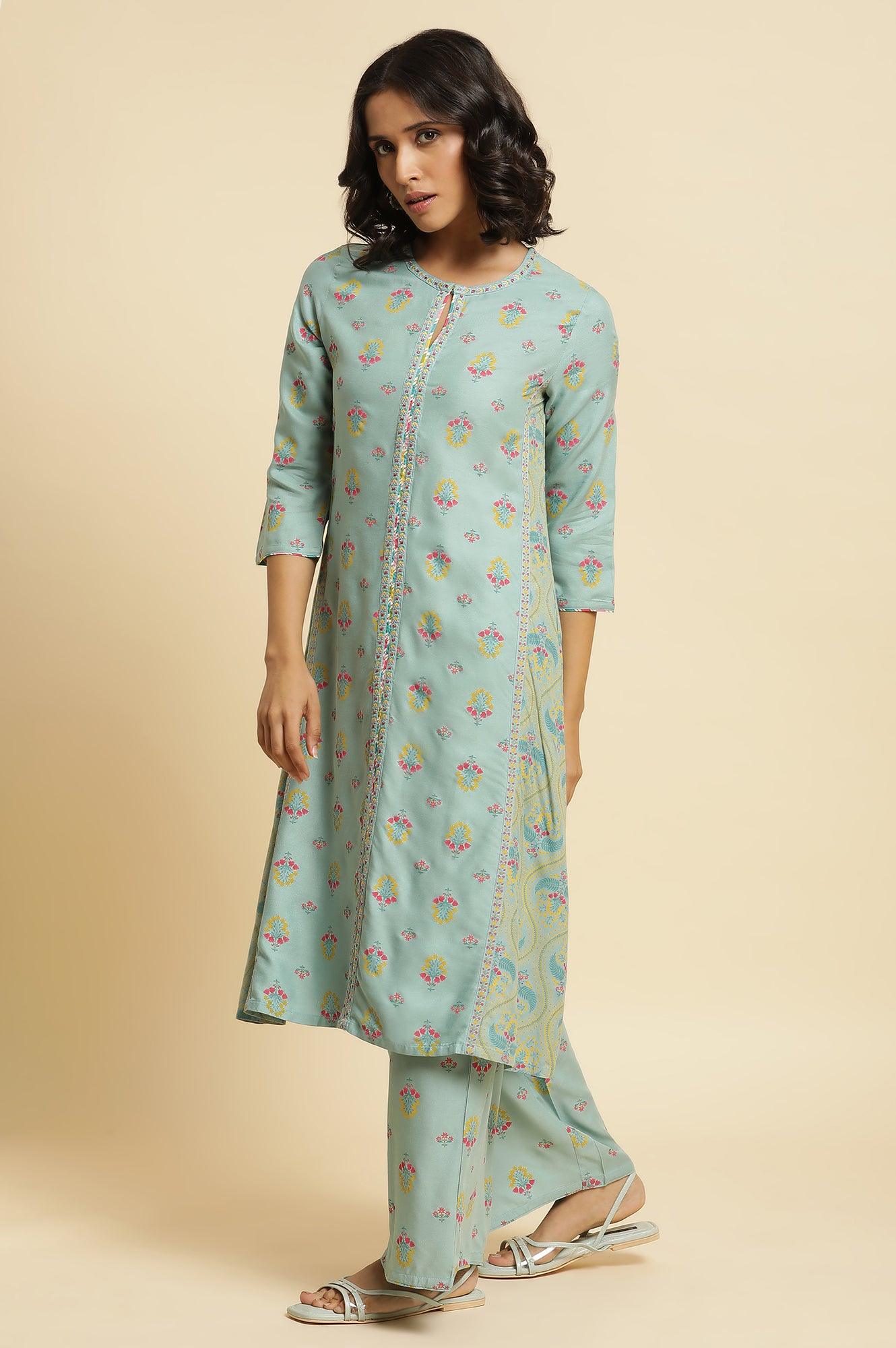Blue Printed A-Line Kurta & Parallel Pants Set - Image 3
