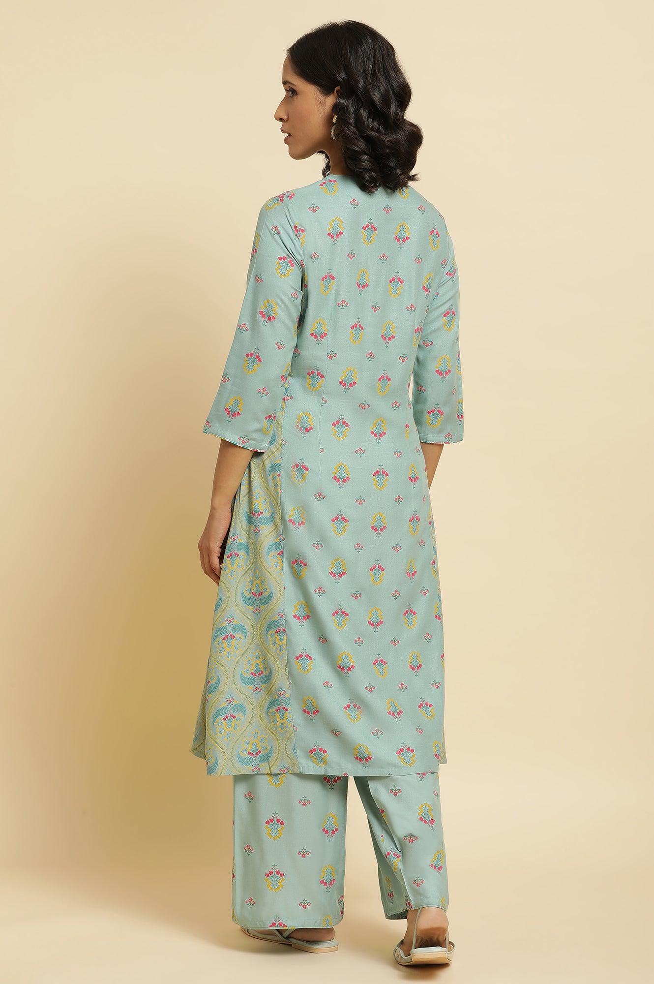 Blue Printed A-Line Kurta & Parallel Pants Set - Image 4