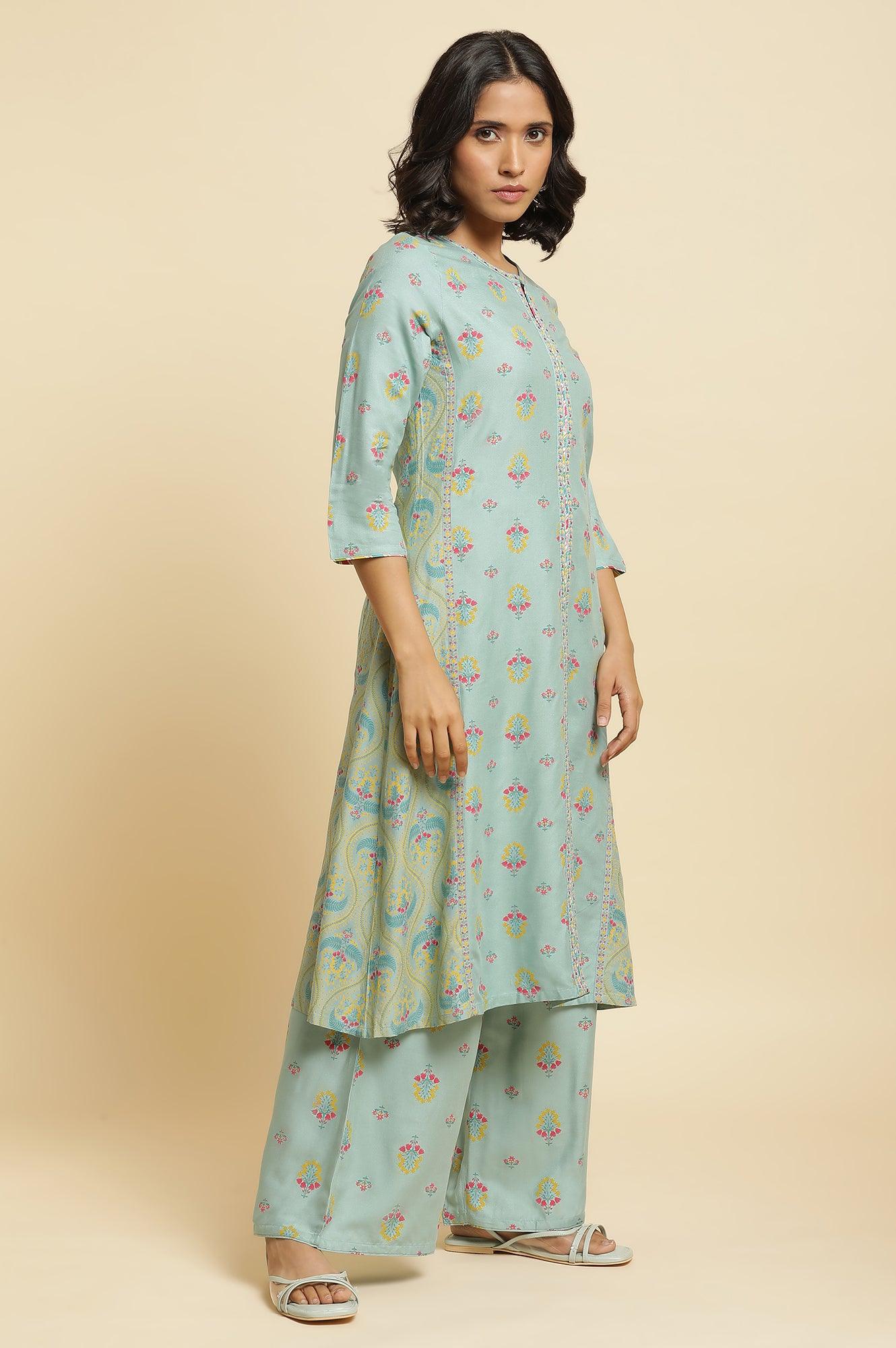 Blue Printed A-Line Kurta & Parallel Pants Set - Image 5