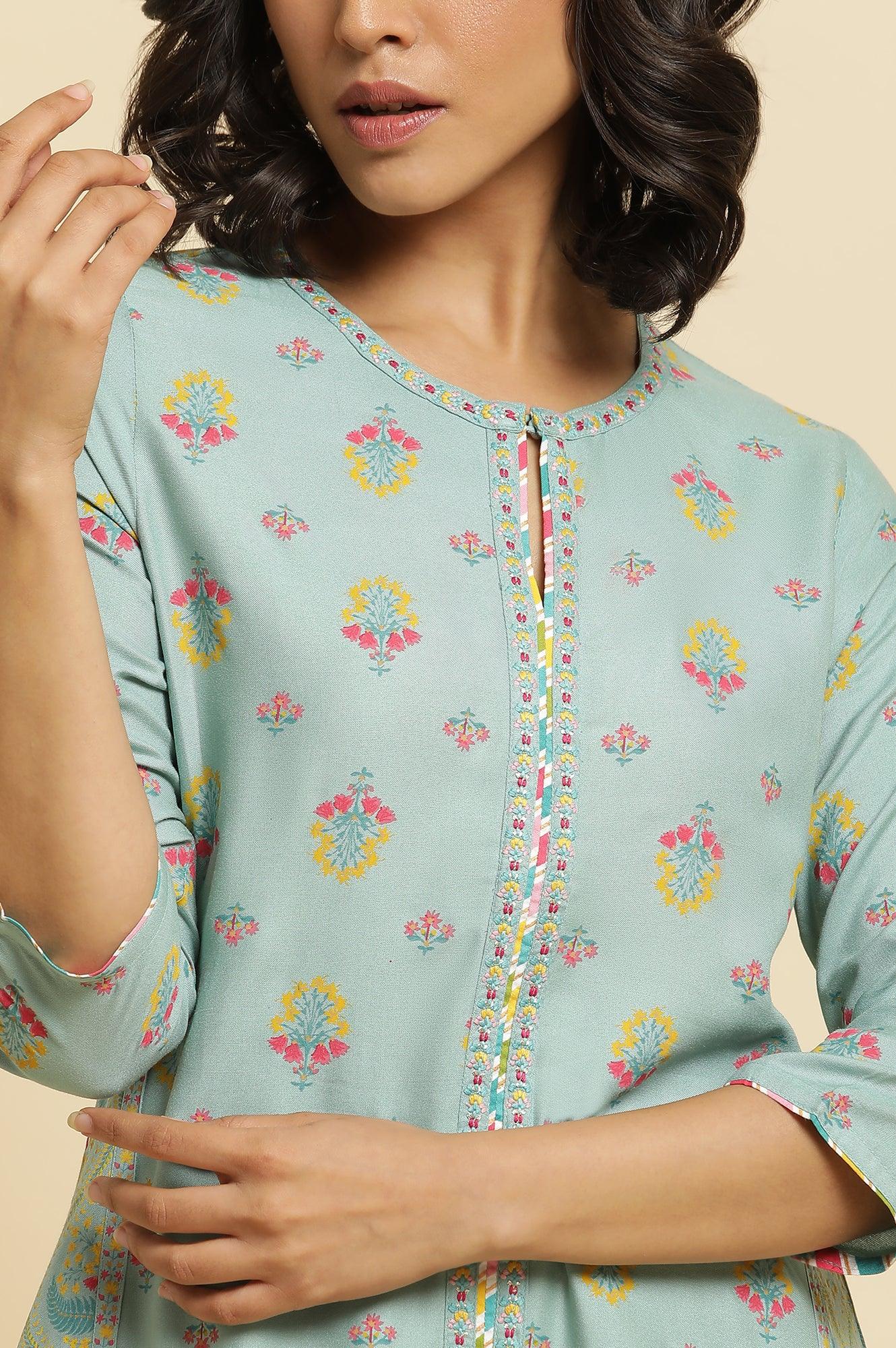 Blue Printed A-Line Kurta & Parallel Pants Set - Image 6