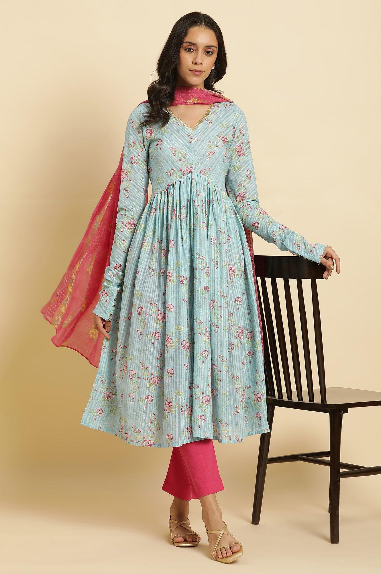 Blue Printed Anarkali Kurta, Pants & Dupatta Set - Image 2