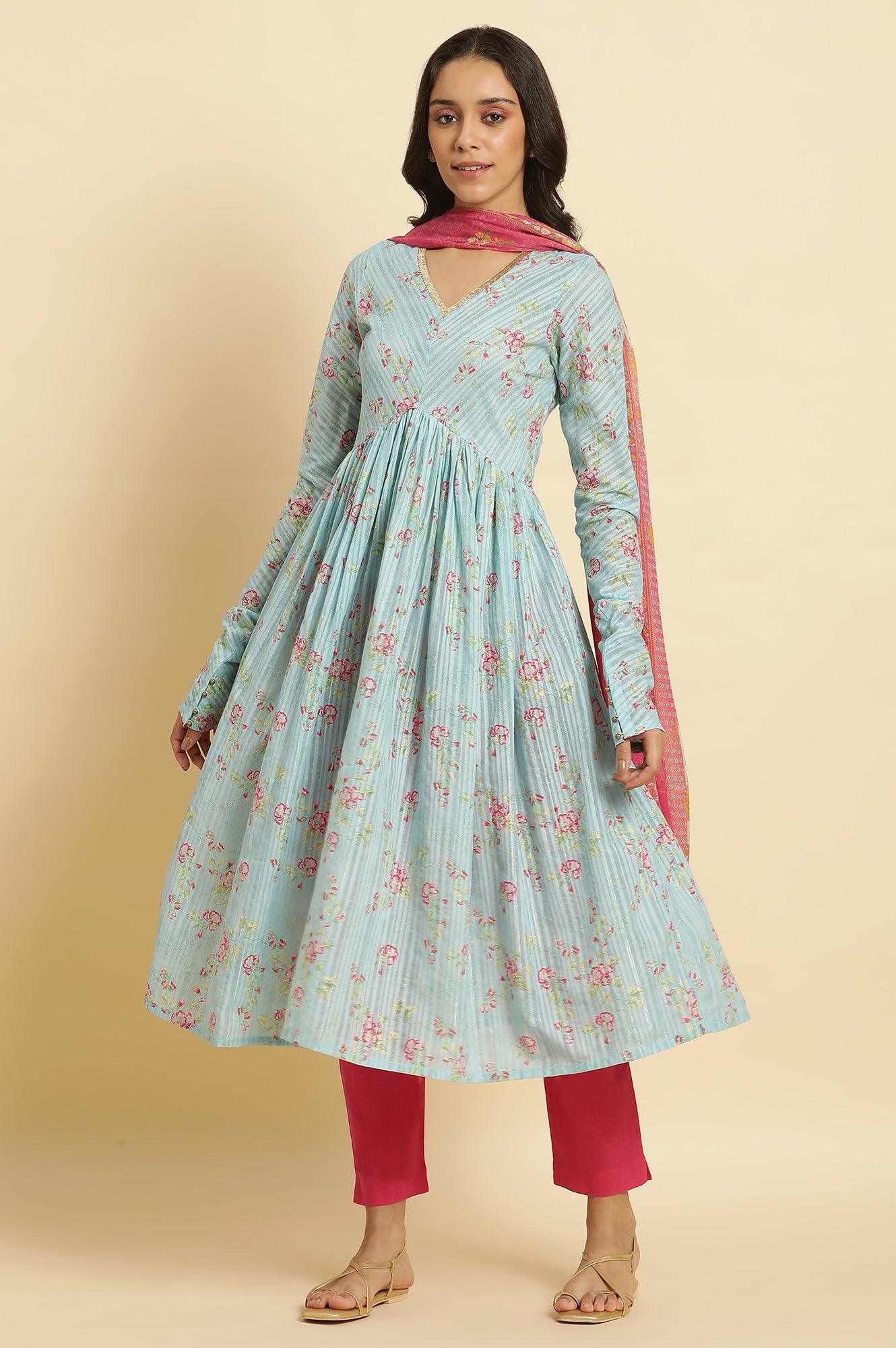 Blue Printed Anarkali Kurta, Pants & Dupatta Set - Image 3