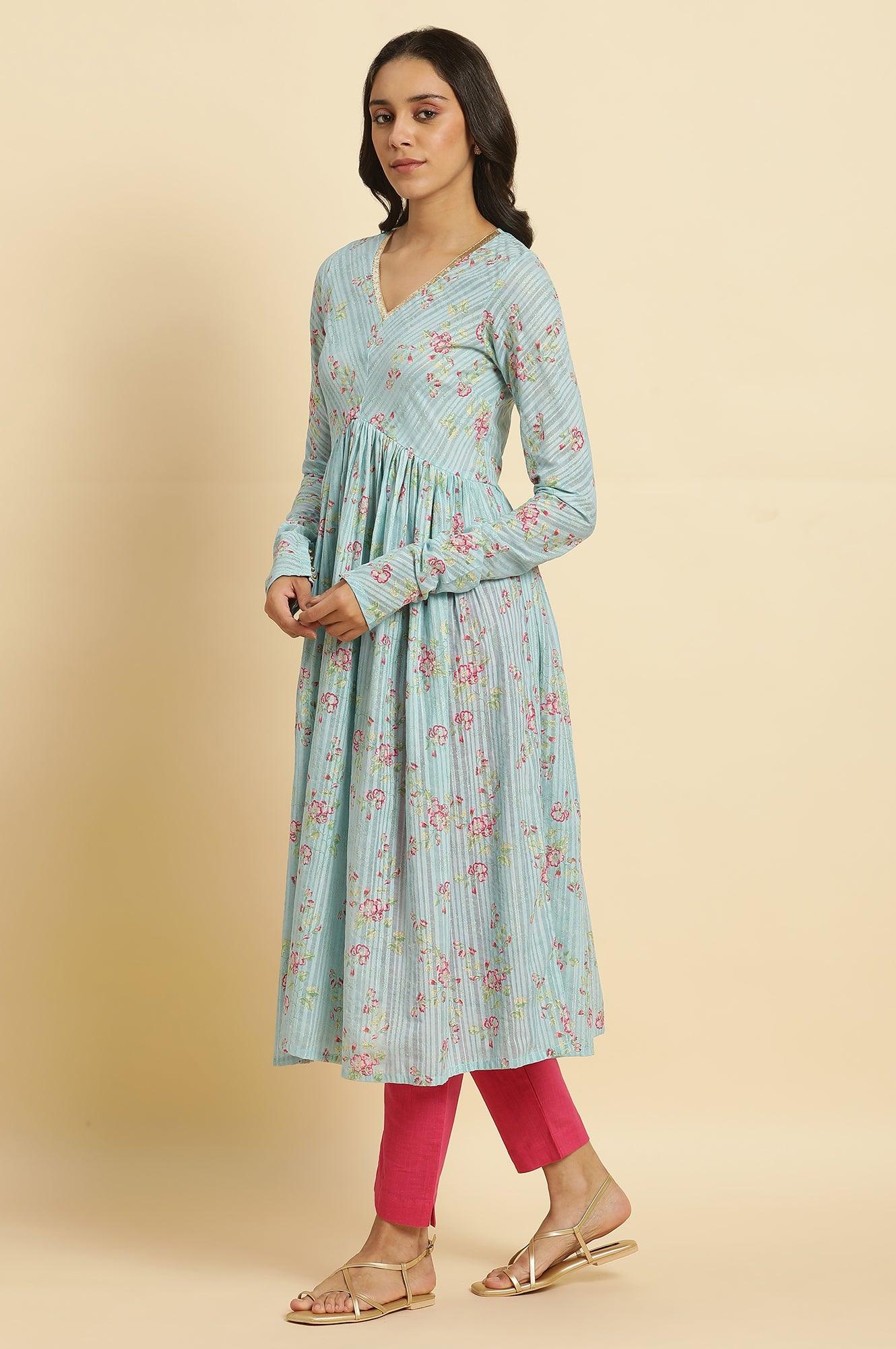 Blue Printed Anarkali Kurta, Pants & Dupatta Set - Image 6