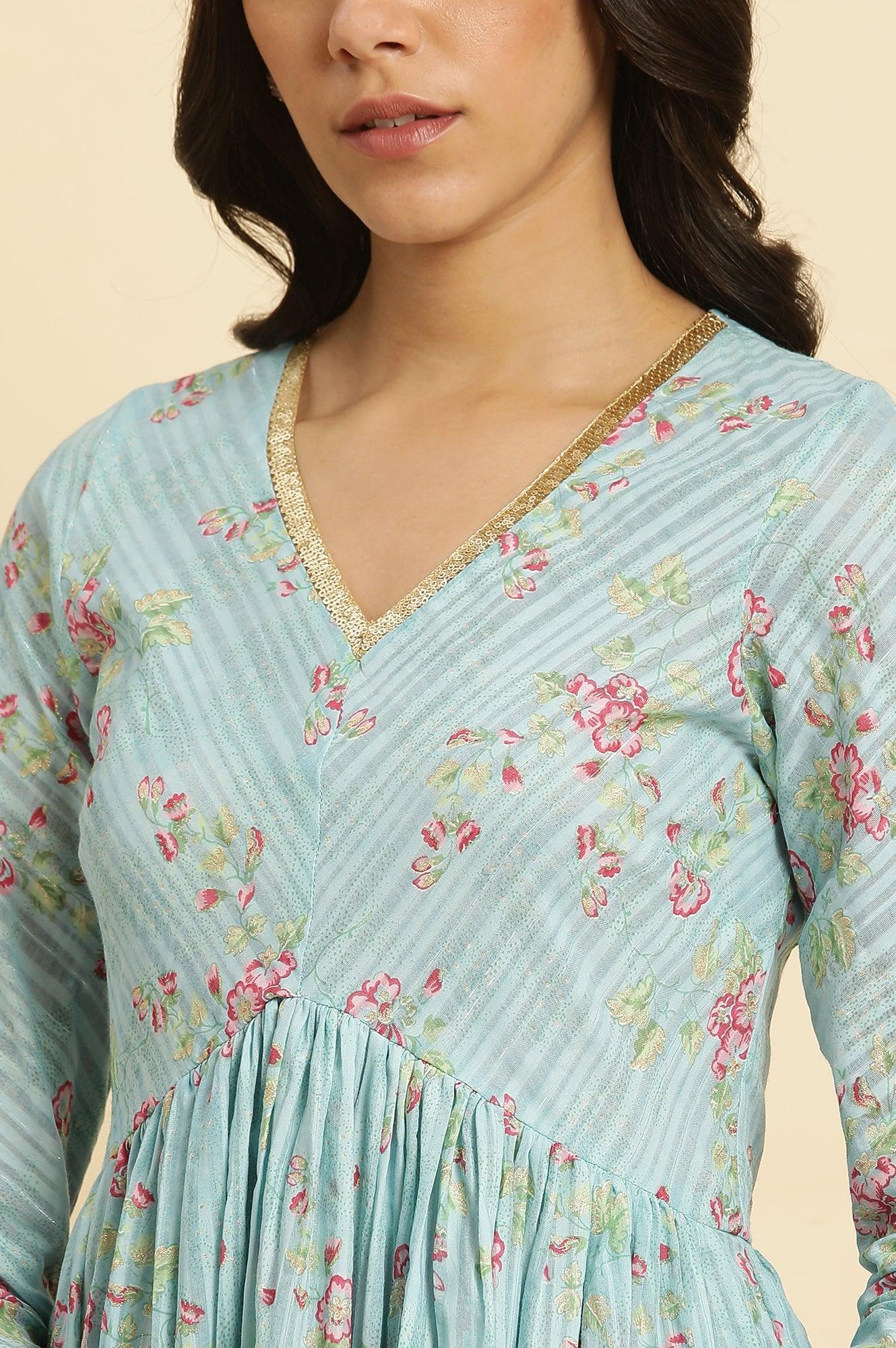 Blue Printed Anarkali Kurta, Pants & Dupatta Set - Image 7