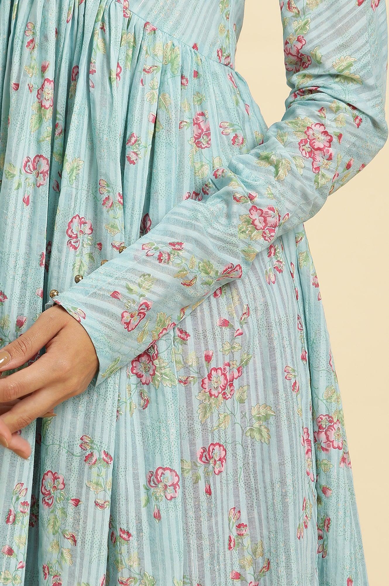Blue Printed Anarkali Kurta, Pants & Dupatta Set - Image 8