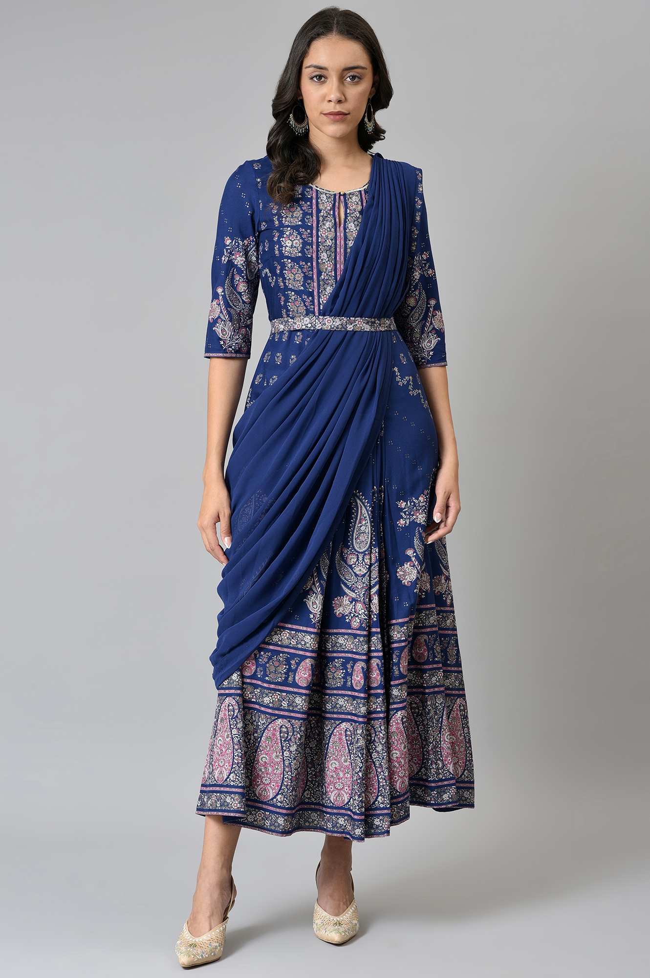 Blue Printed and Embroidered Insta Saree - Image 2