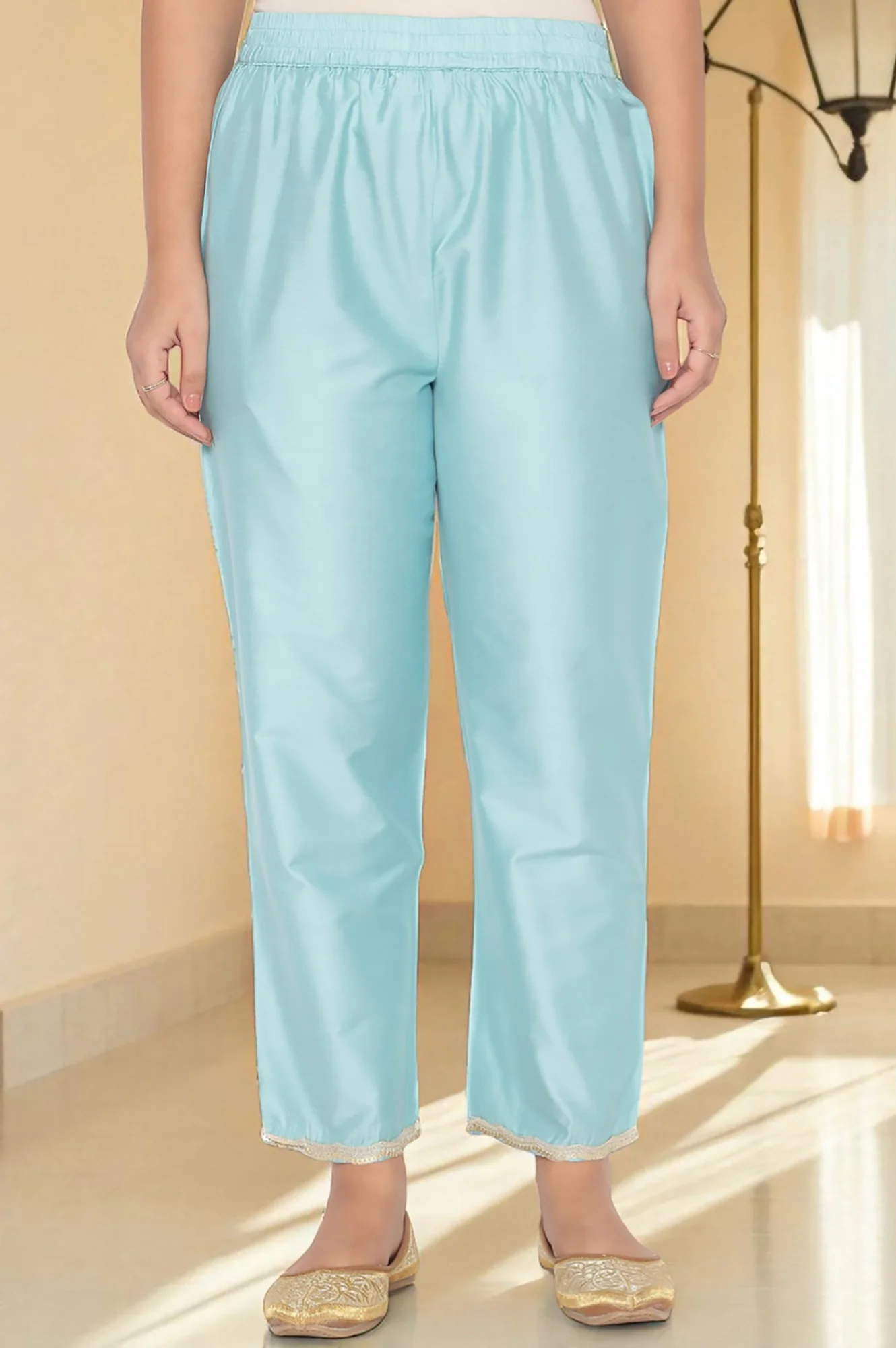 Blue Printed Chanderi Flared Kurta, Straight Pant and Dupatta Set - Image 6