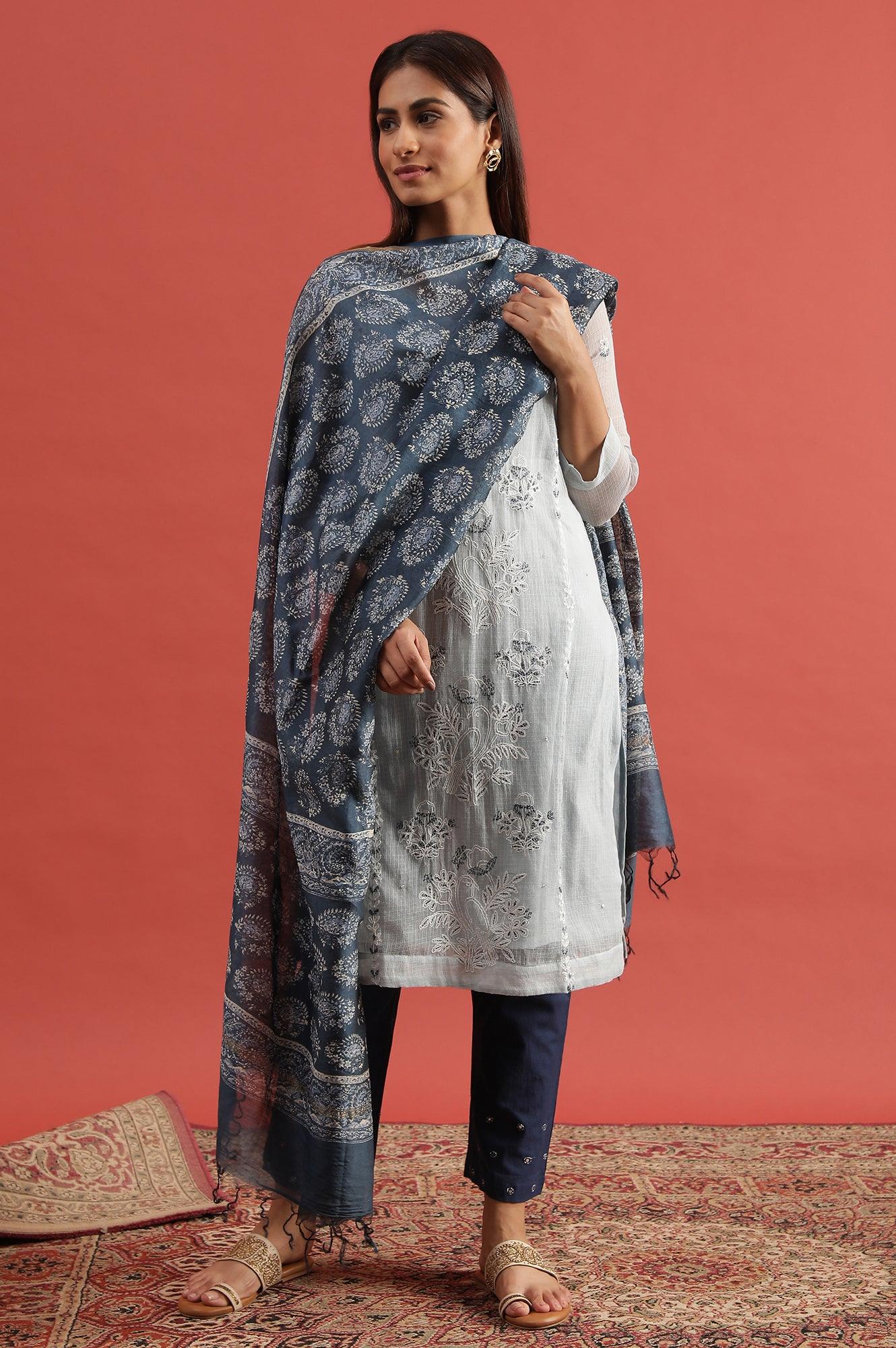 Blue Printed Cotton Silk Drape - Image 2