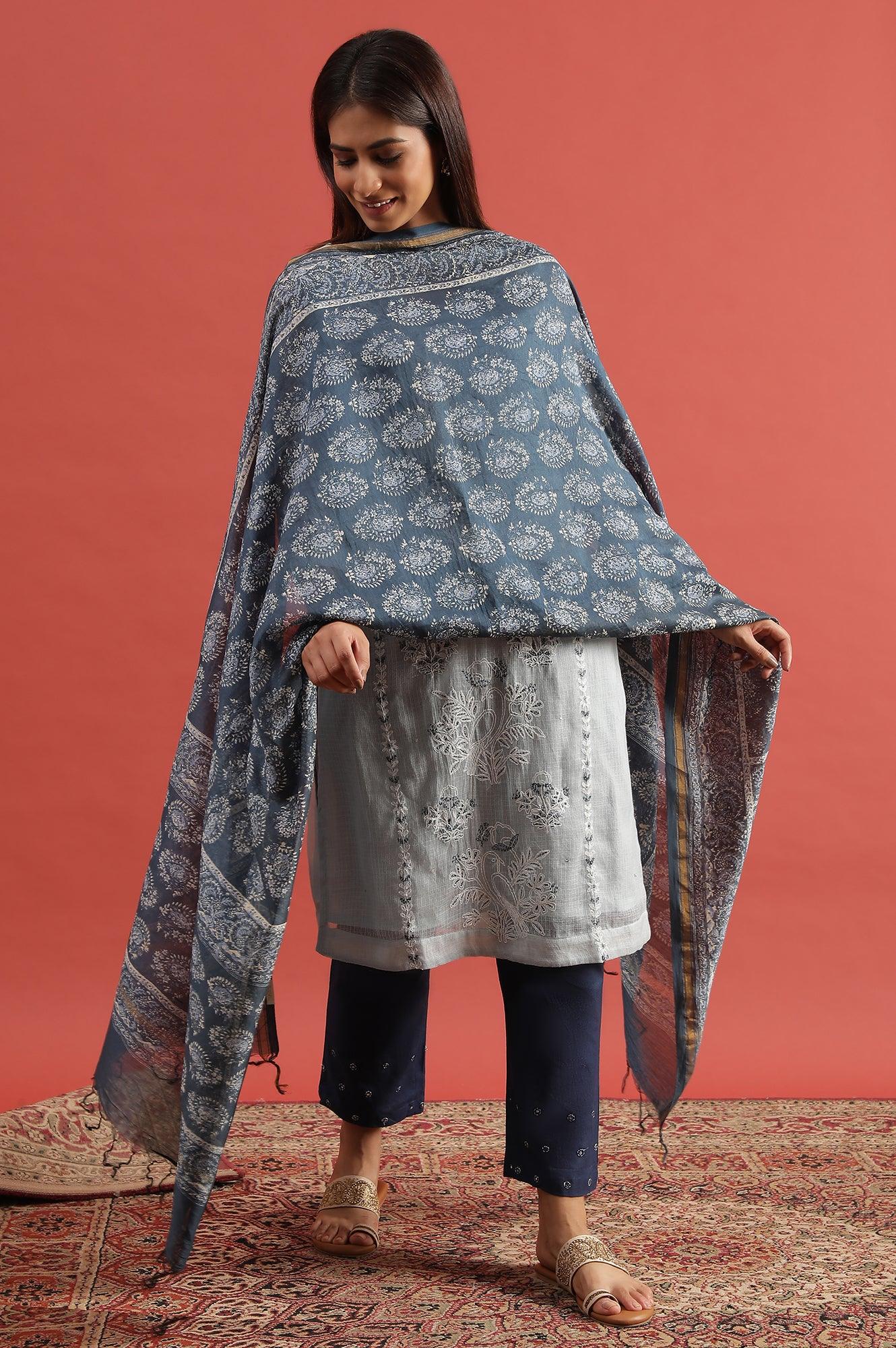 Blue Printed Cotton Silk Drape - Image 3