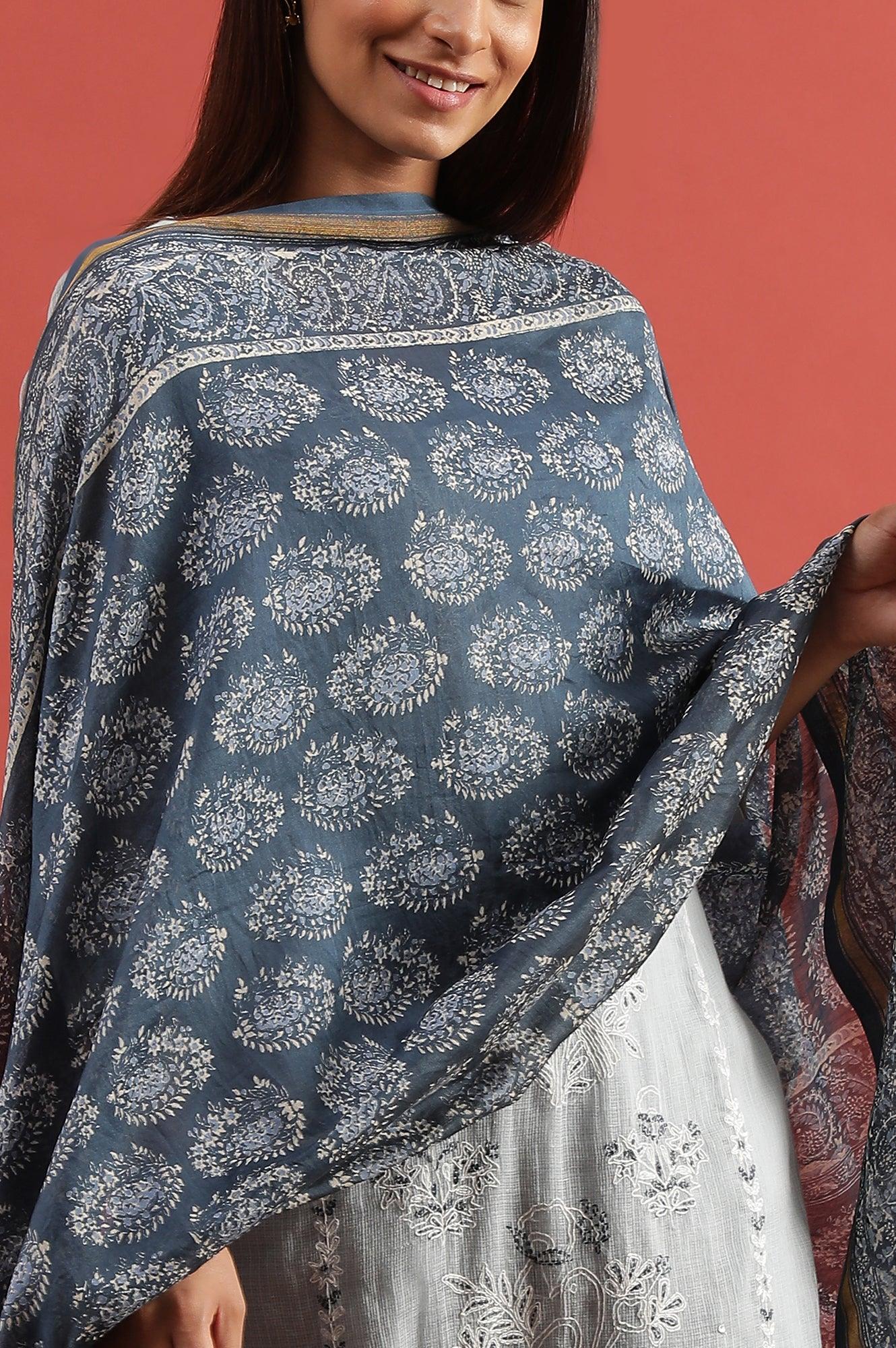 Blue Printed Cotton Silk Drape - Image 4