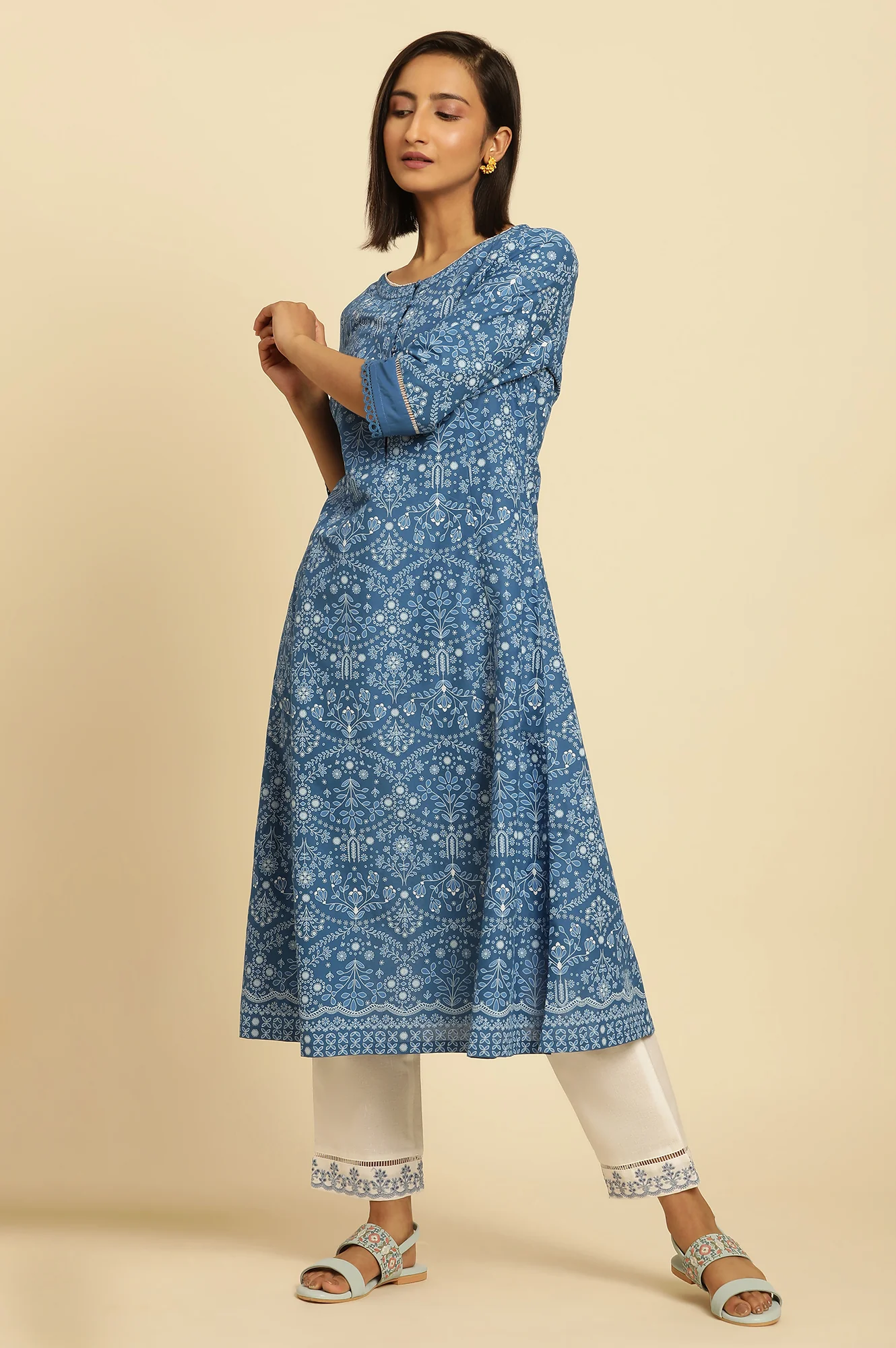 Blue Printed Flared Kurta - Image 2