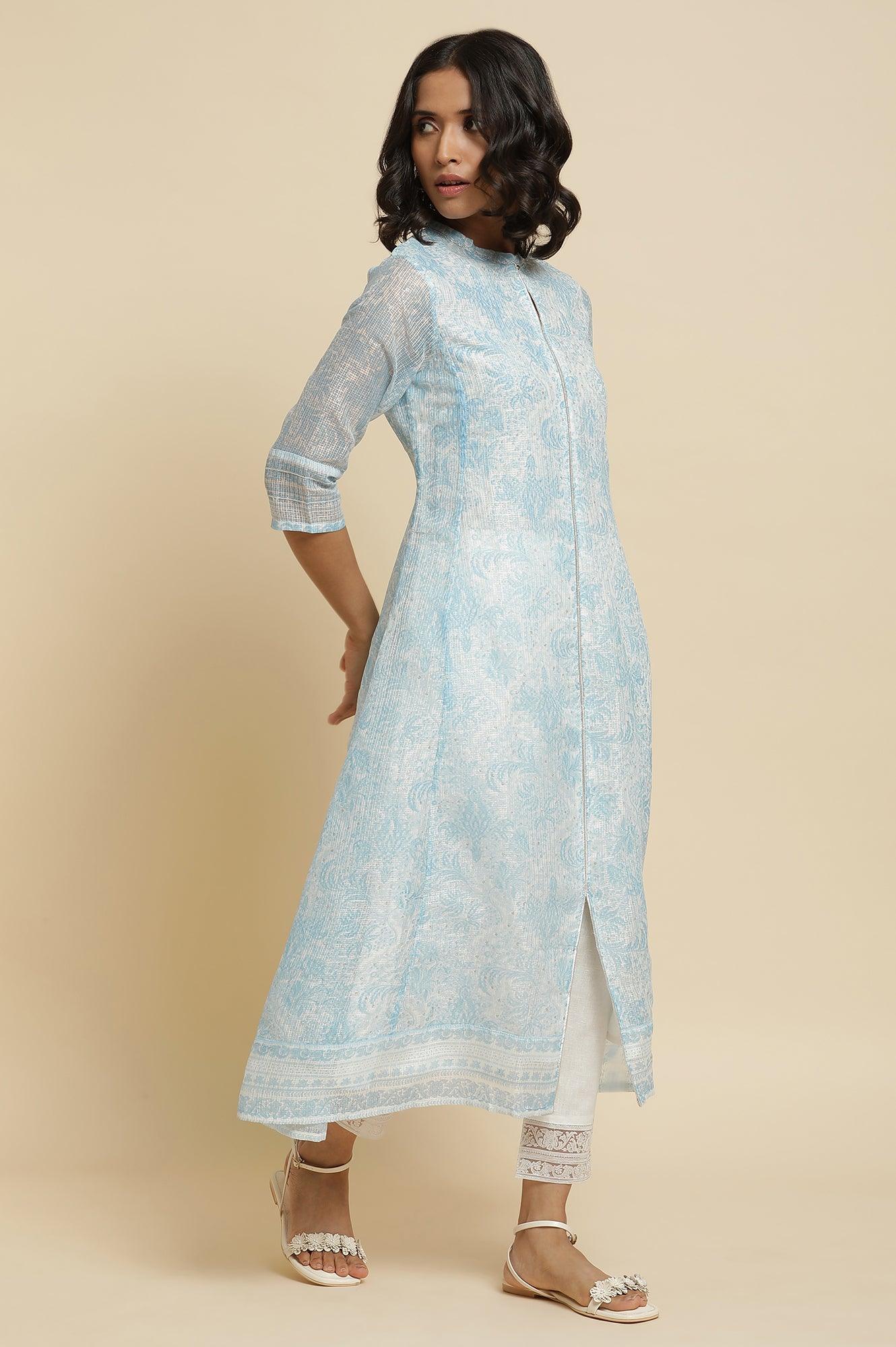 Blue Printed Kota Kurta & Pants Set - Image 5