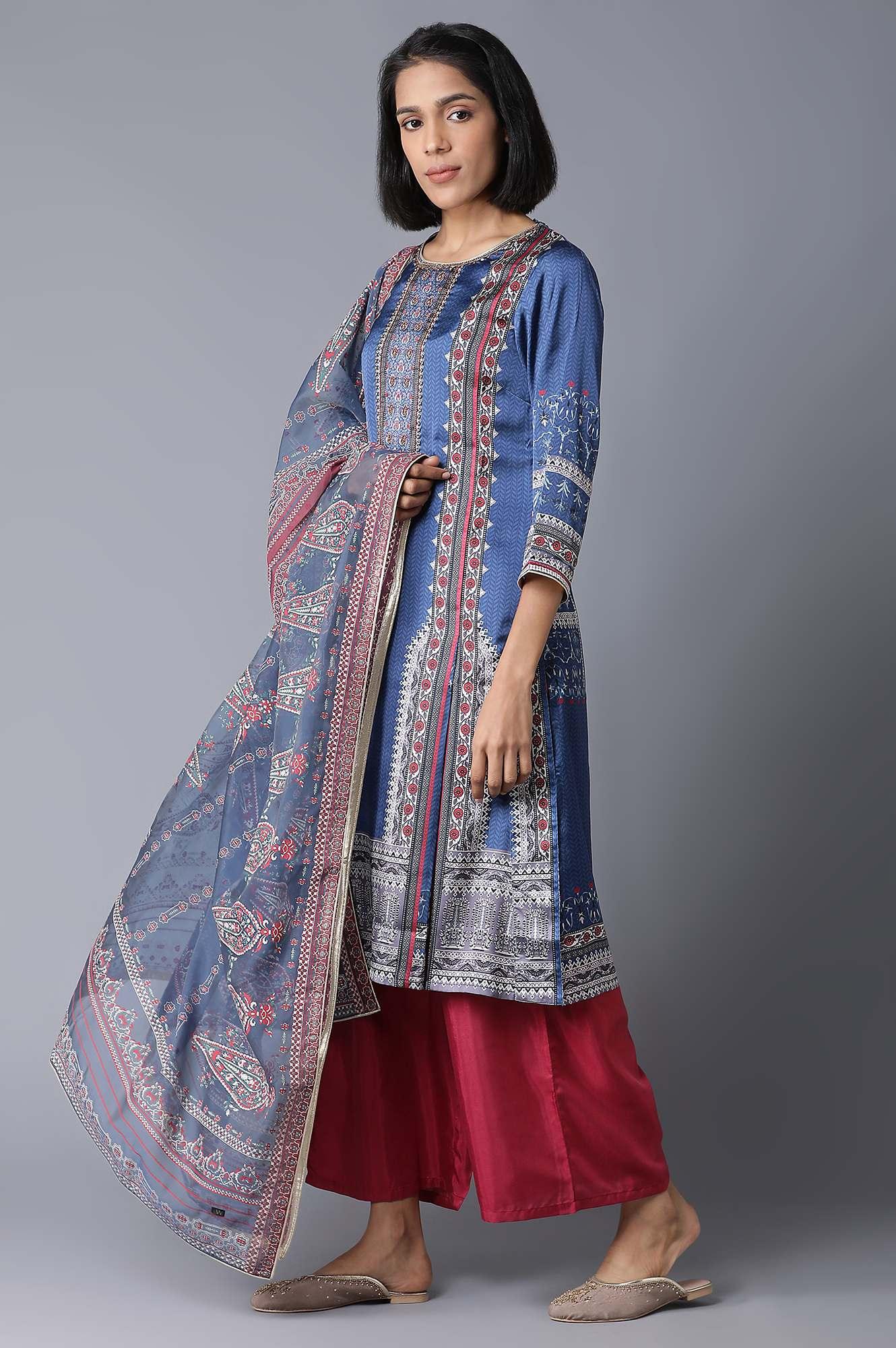 Blue Printed kurta, Parallel Pants and Dupatta Set - Image 3