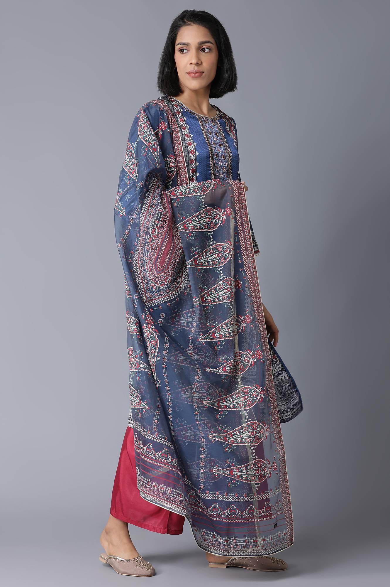 Blue Printed kurta, Parallel Pants and Dupatta Set - Image 4