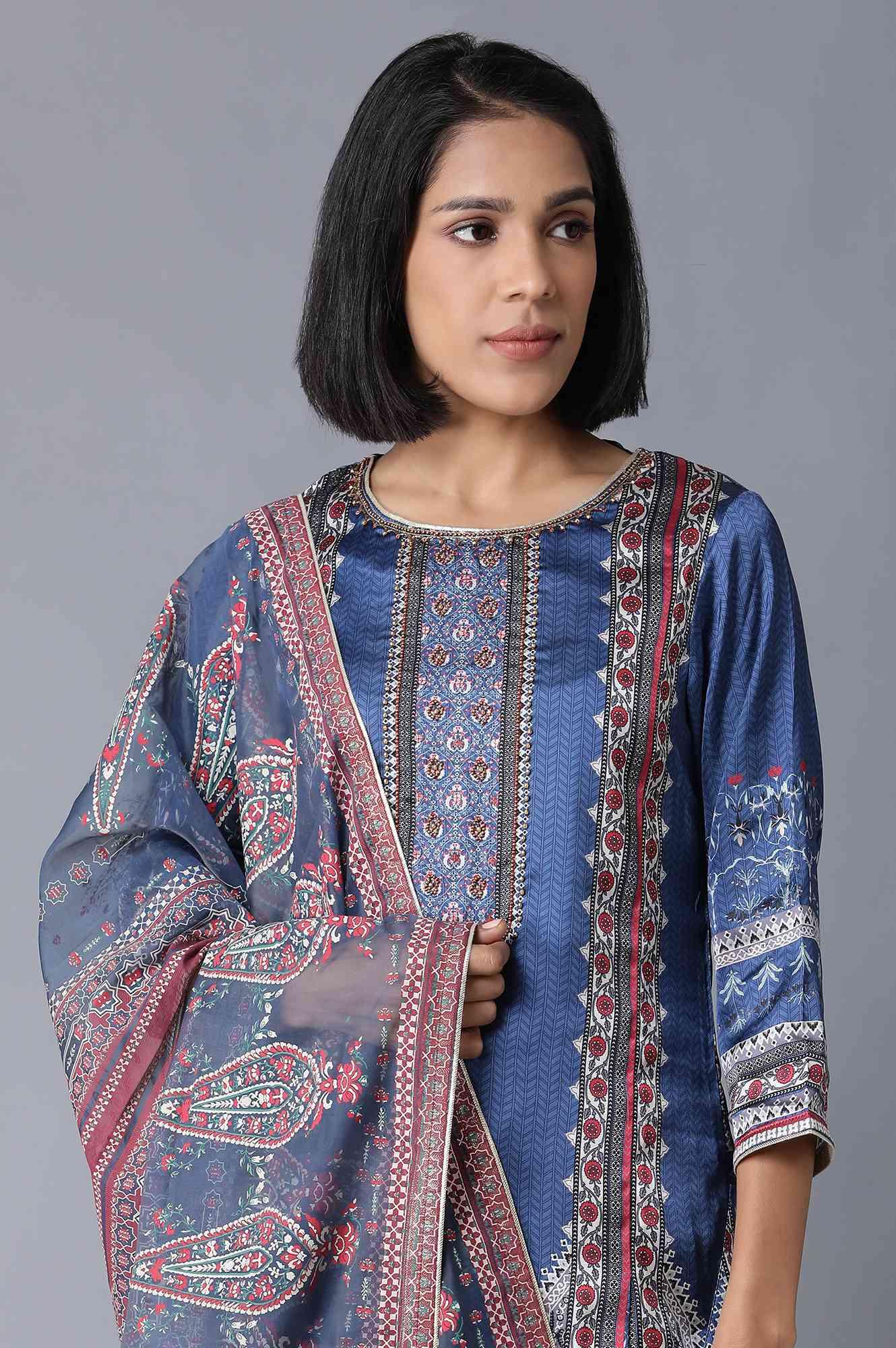 Blue Printed kurta, Parallel Pants and Dupatta Set - Image 5