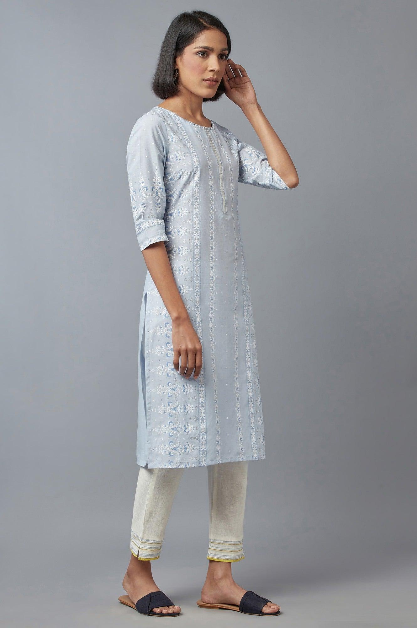 Blue Printed kurta with Sequins - Image 4