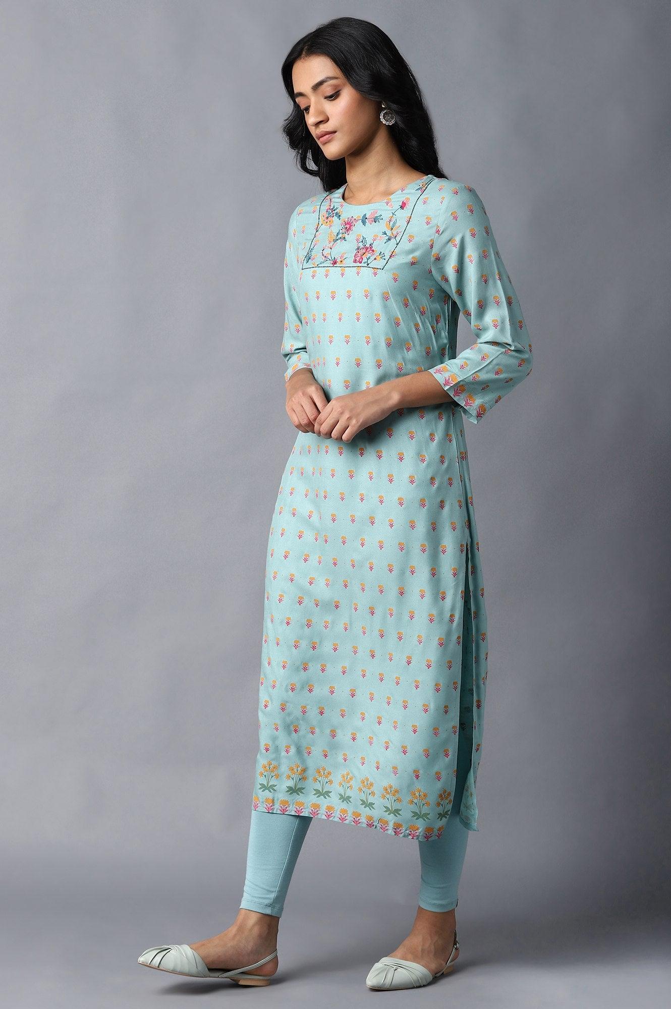 Blue Printed kurta With Thread Embroidery - Image 3