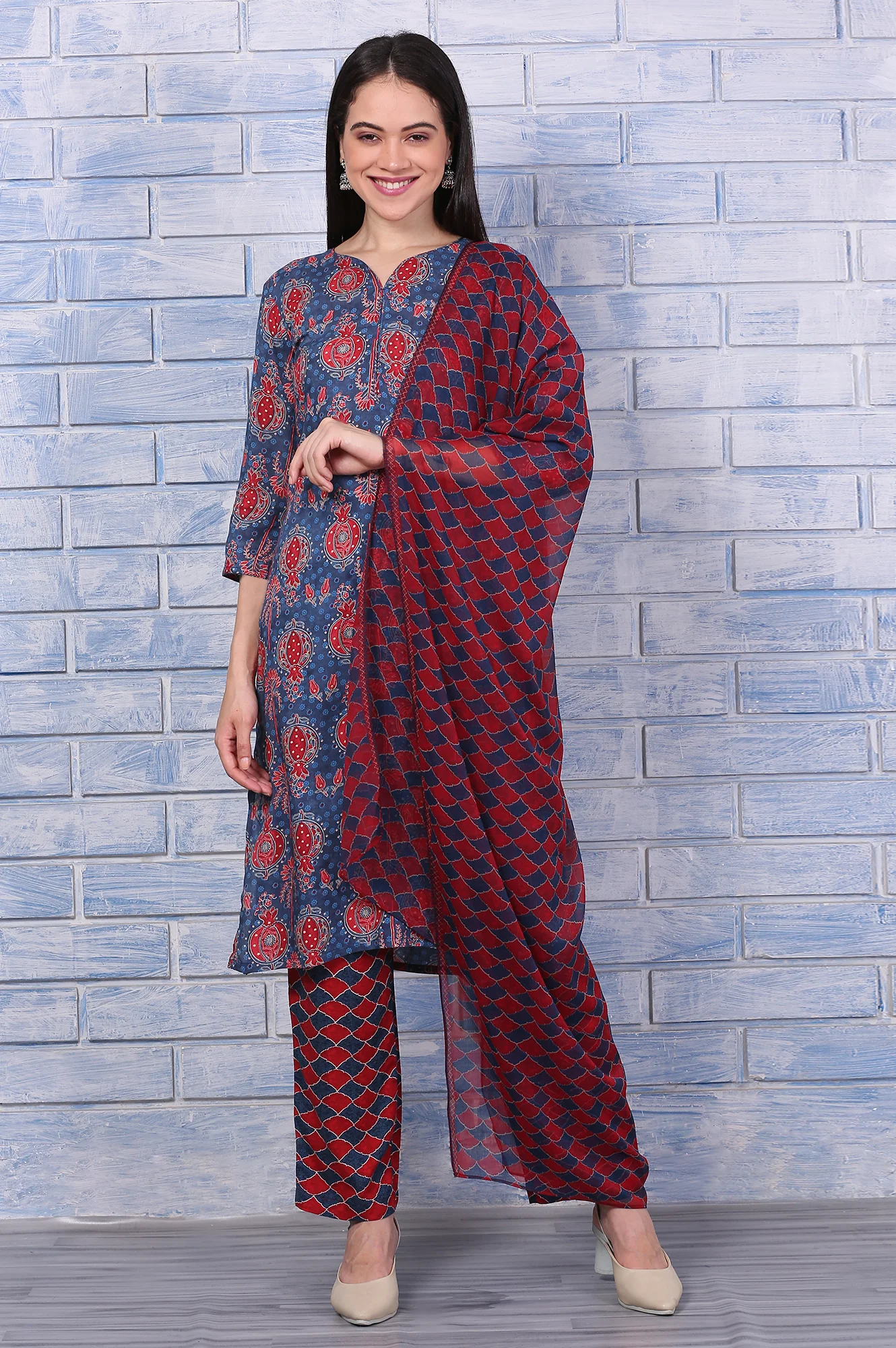 Blue Printed Modal Straight Kurta, Pants and Dupatta Set - Image 2