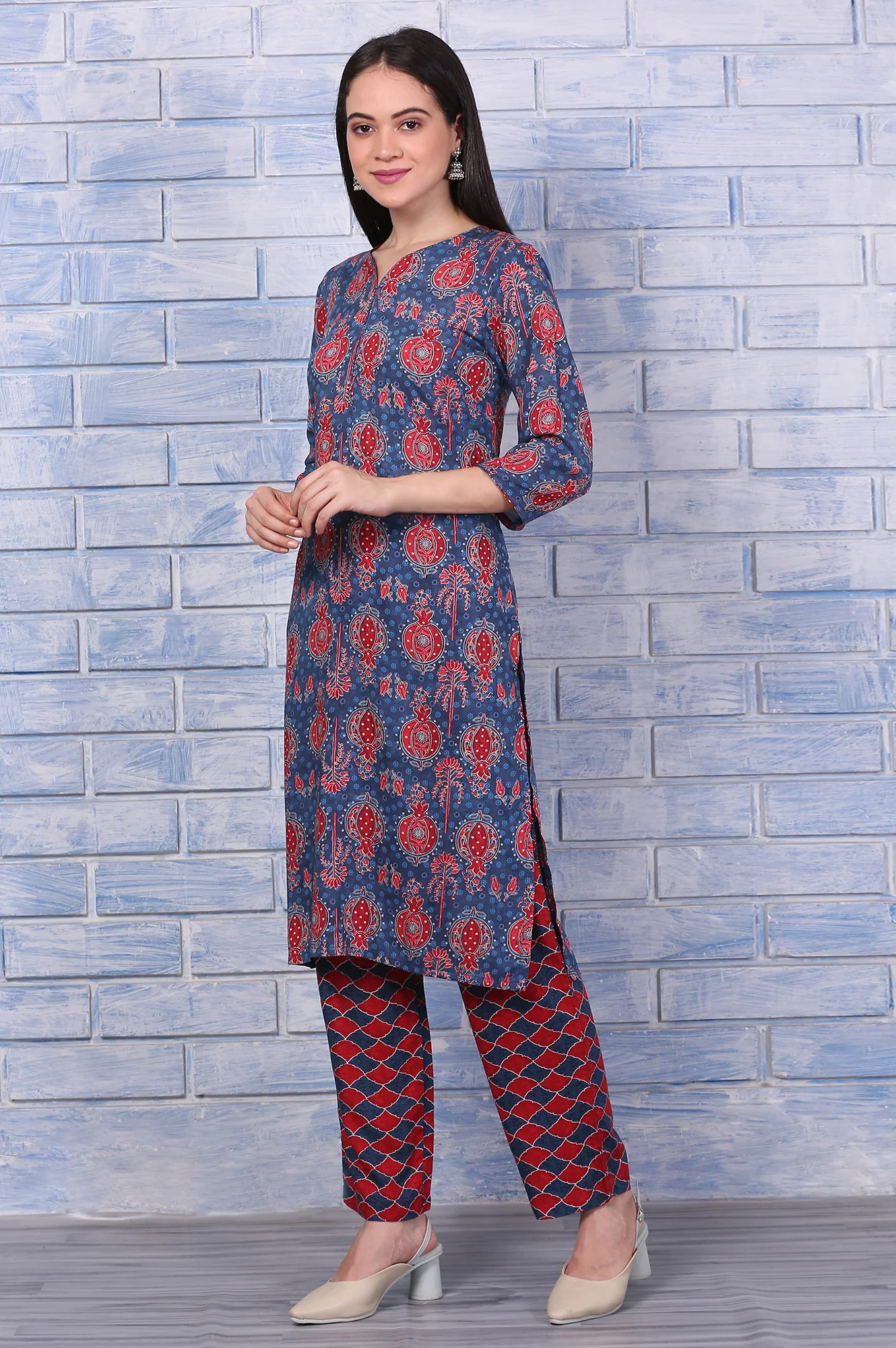 Blue Printed Modal Straight Kurta, Pants and Dupatta Set - Image 4