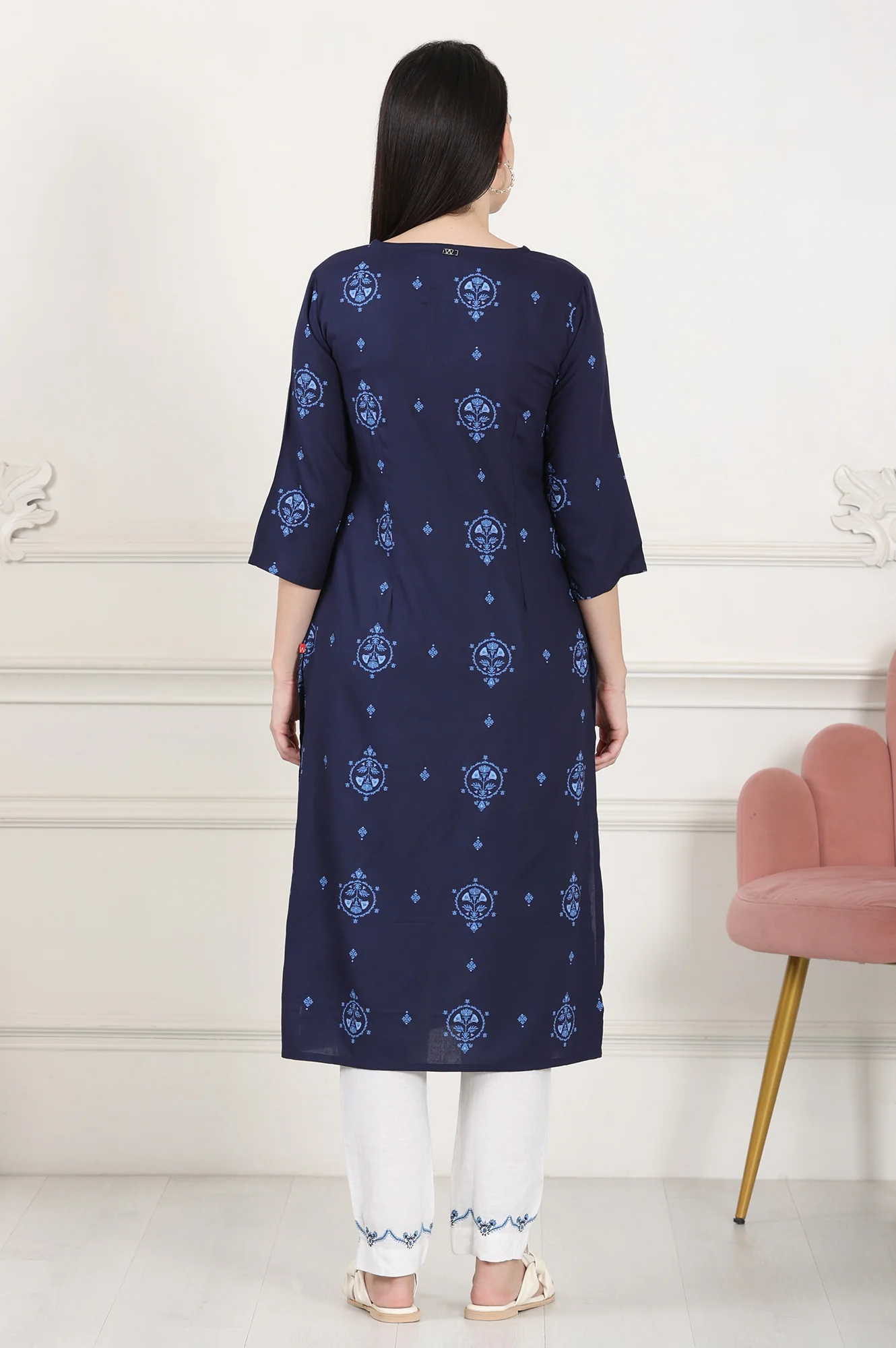 Blue Printed Pure Cotton Straight Kurta - Image 4