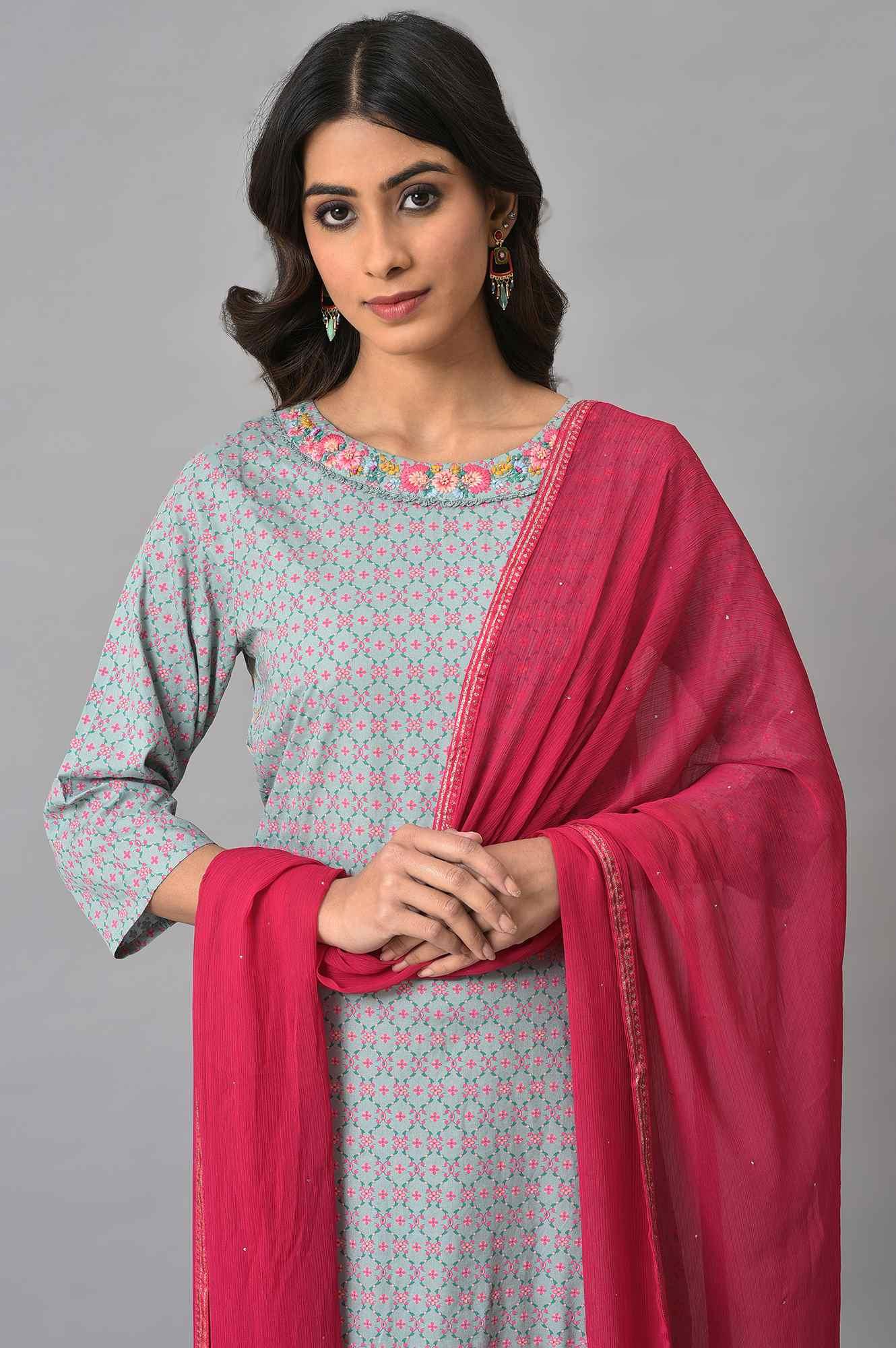 Blue Printed Round Neck kurta With Pink Tights And Dupatta - Image 5
