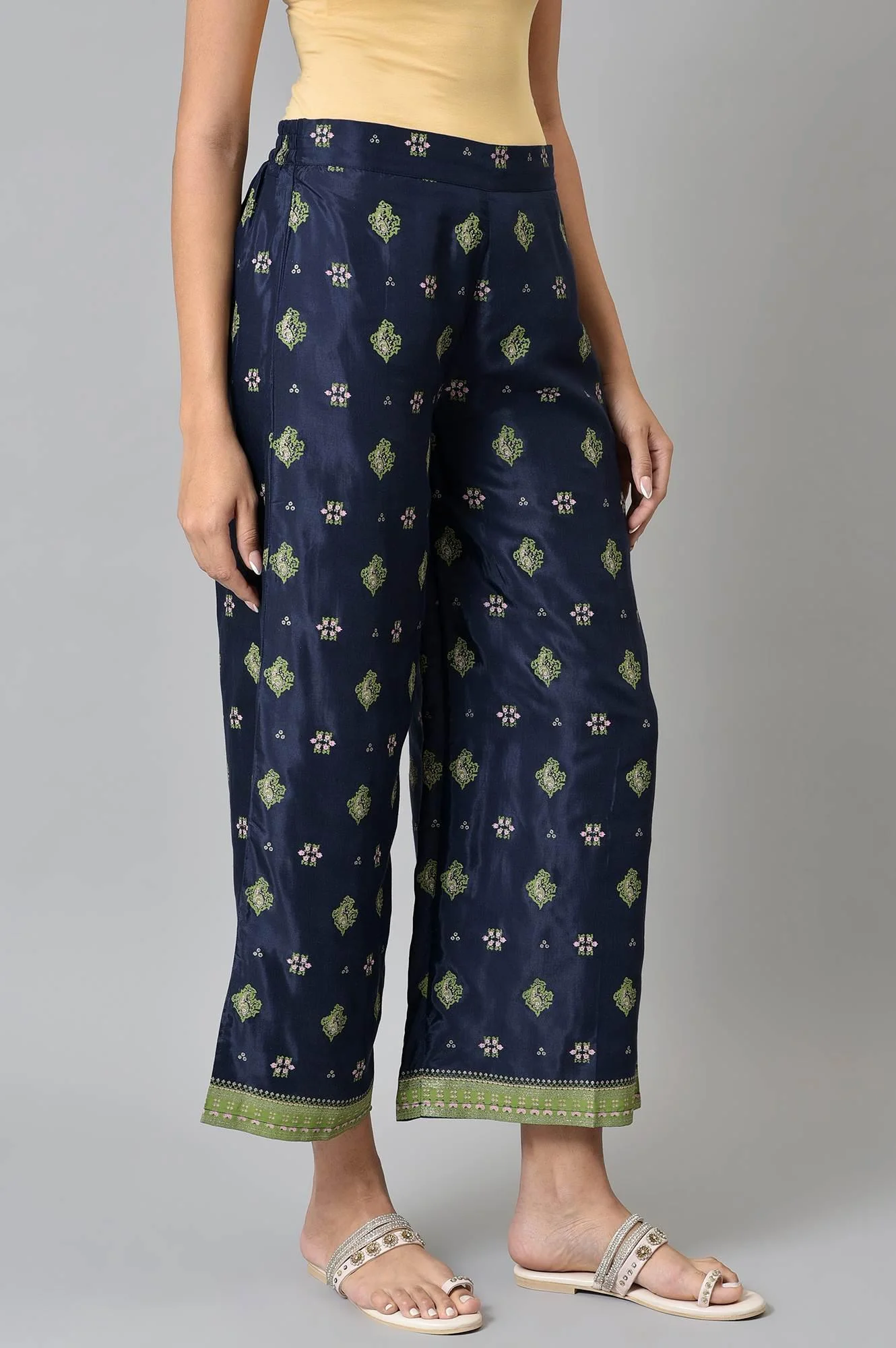 Blue Printed Shantung Plus Size Parallel Pants - Image 4