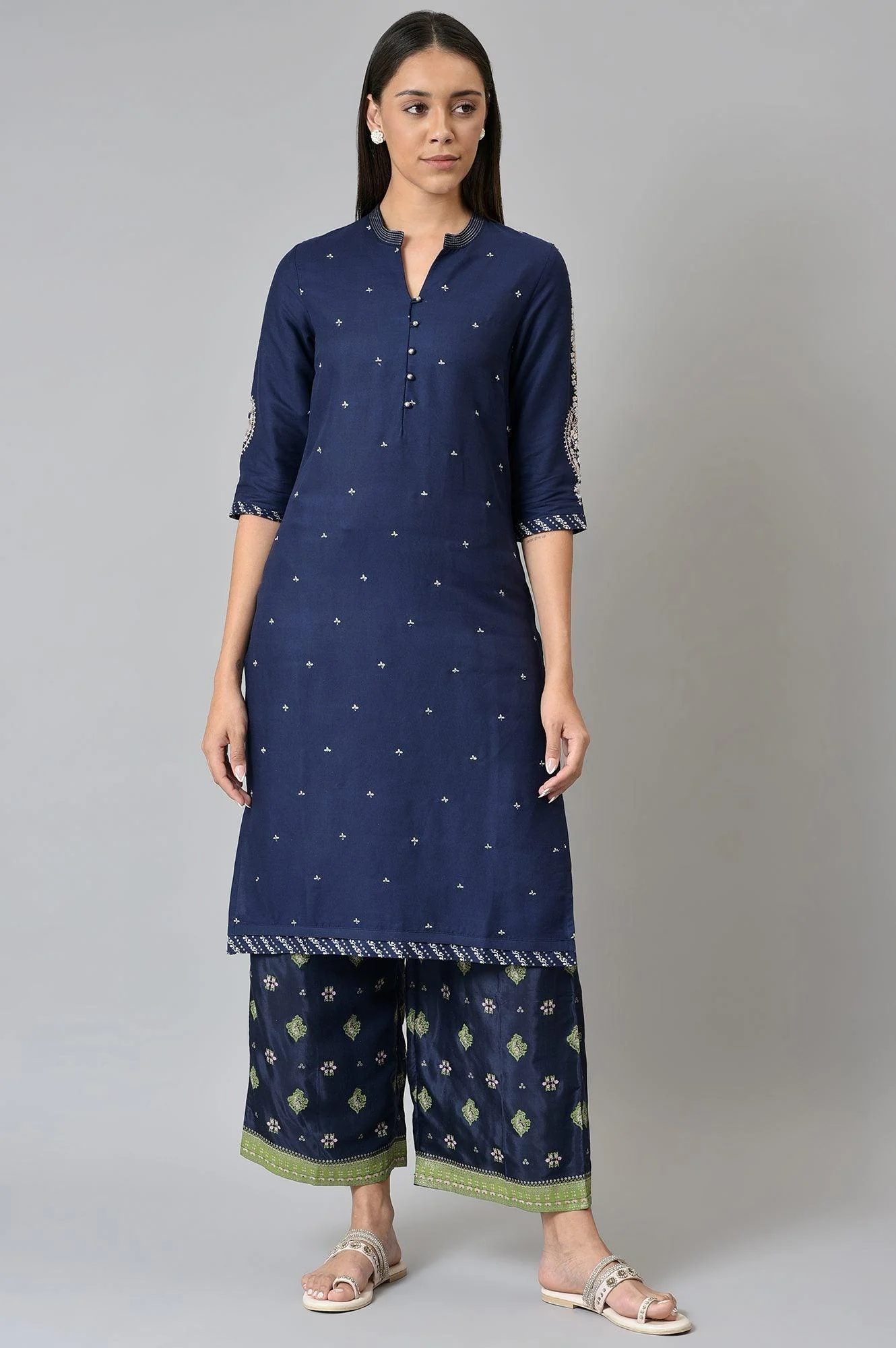Blue Printed Shantung Plus Size Parallel Pants - Image 5