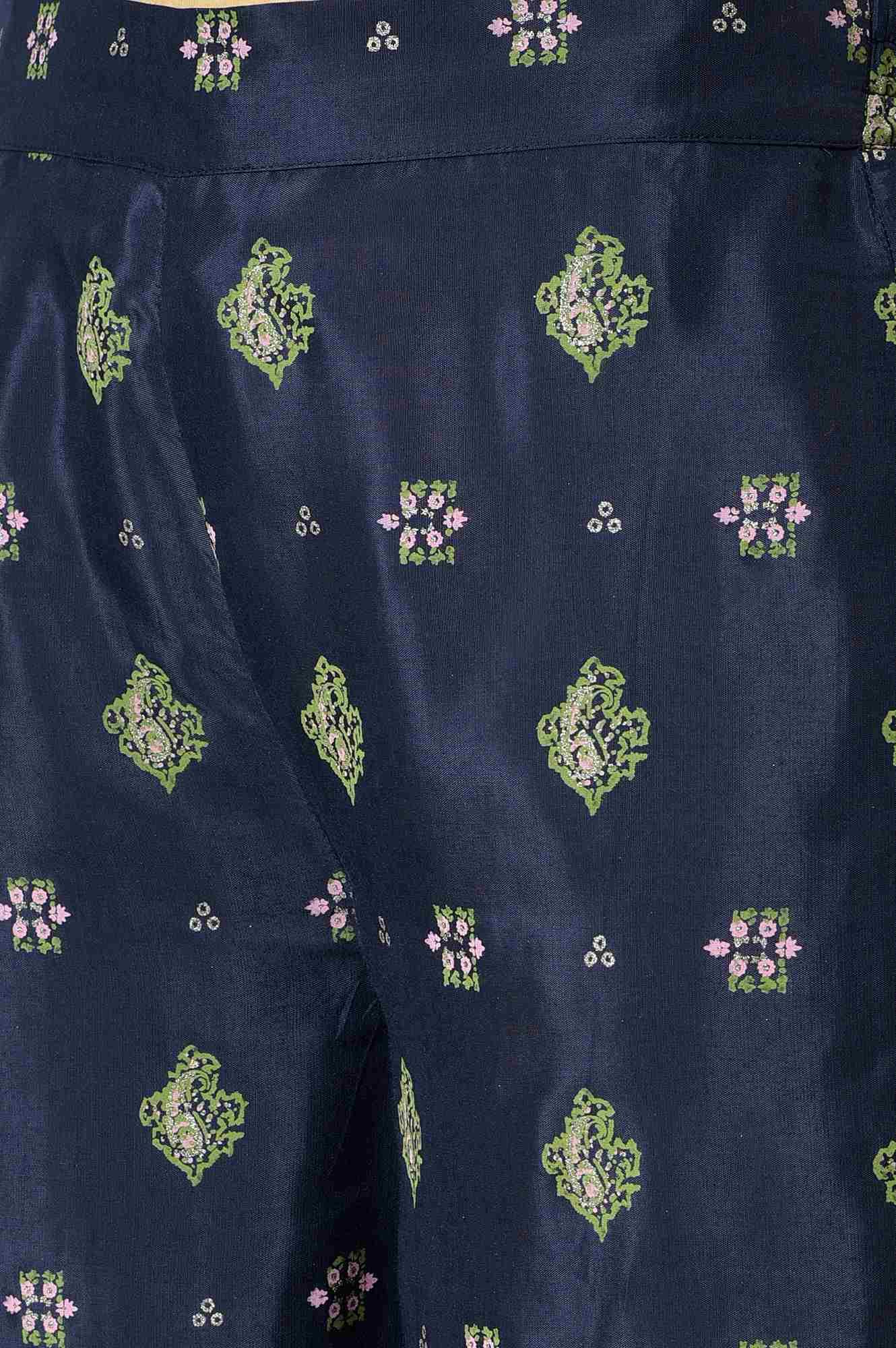 Blue Printed Shantung Plus Size Parallel Pants - Image 6