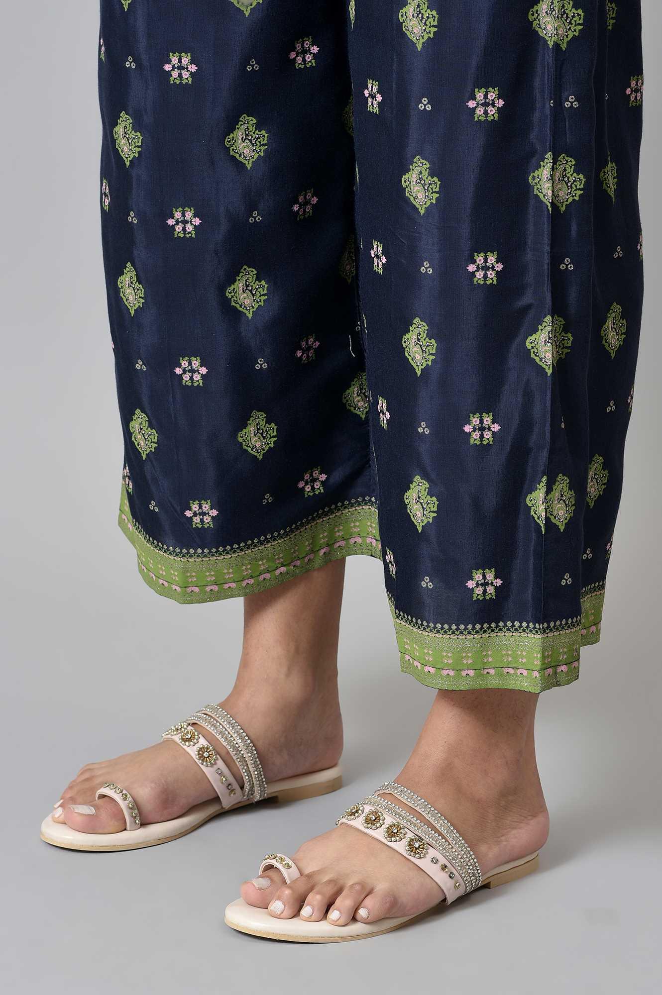 Blue Printed Shantung Plus Size Parallel Pants - Image 7