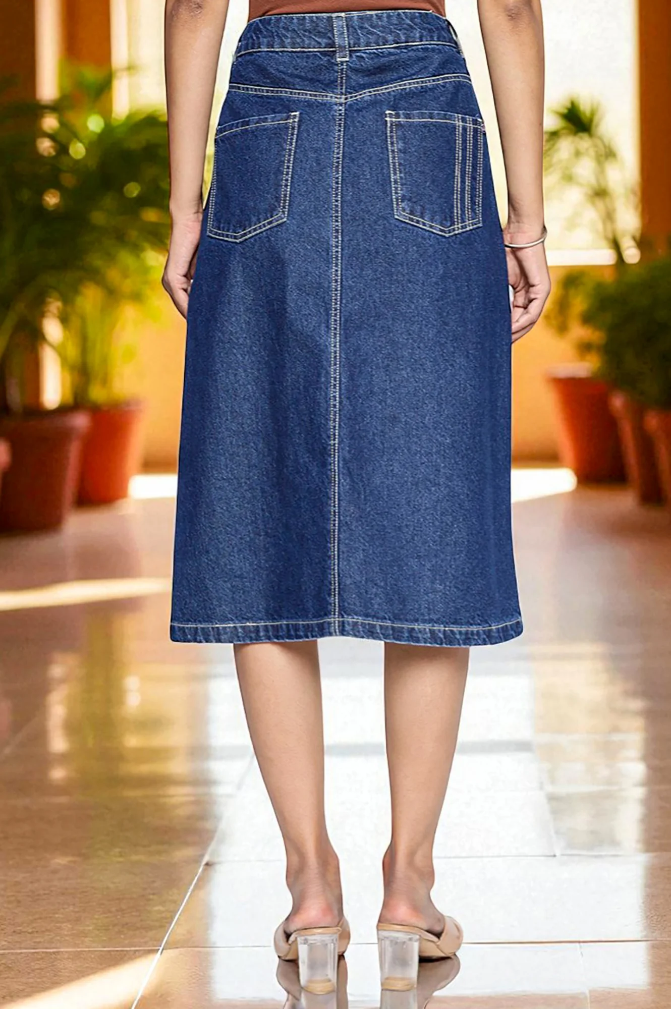 Blue Pure Cotton Straight Denim Midi Skirt with YKK Zipper - Image 5