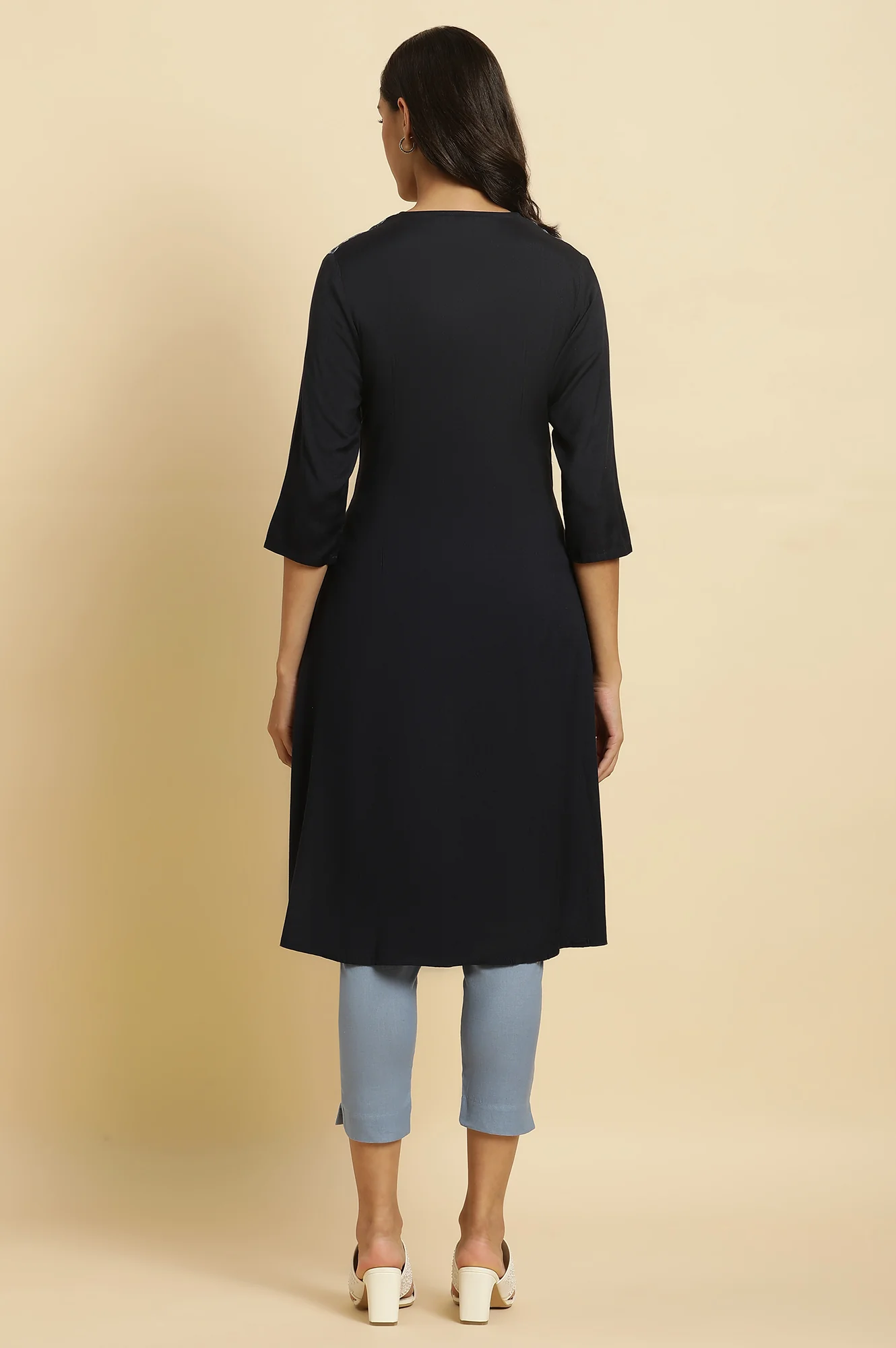 Blue Rayon Flared Kurta and Slim Pant Set - Image 4