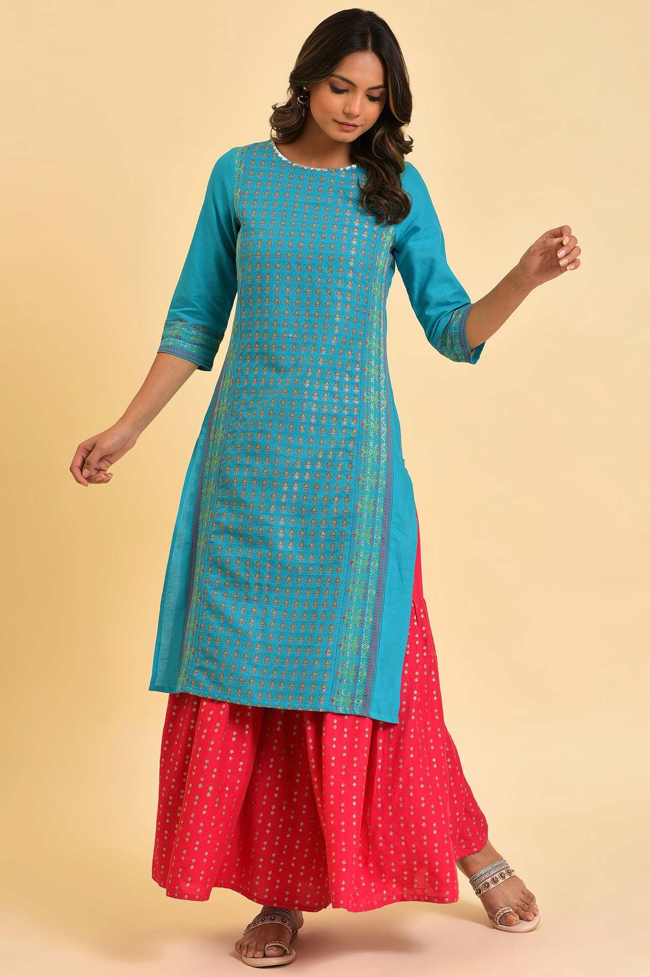 Blue Round Neck Dobby kurta With Sequins